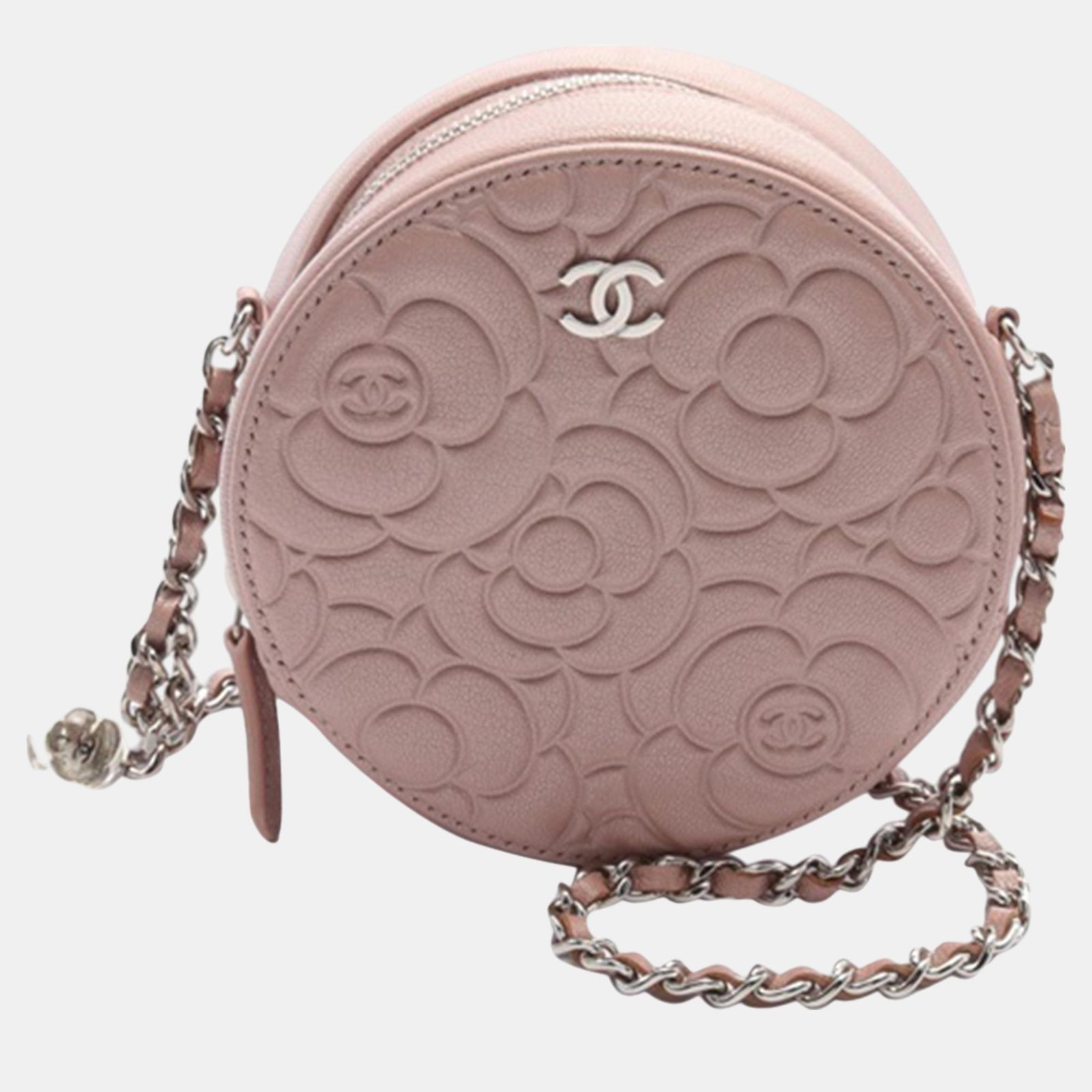 Chanel Pink Goatskin Camellia Round Clutch With Chain