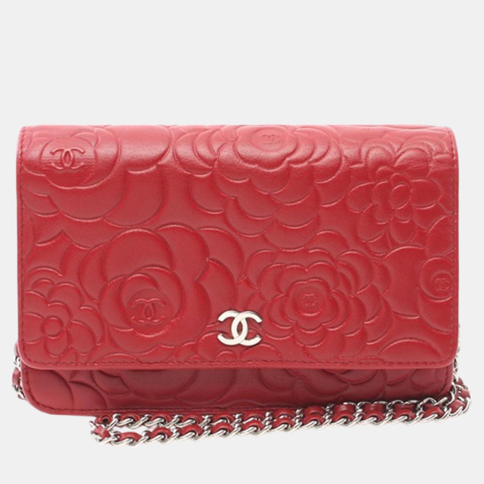 Chanel Red Lambskin Camellia Wallet On Chain