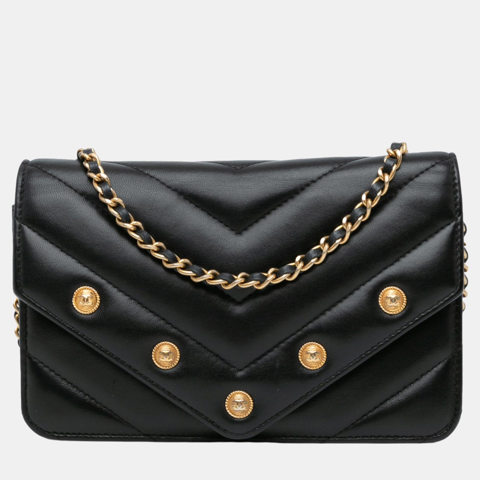 Chanel Black Chevron Lambskin Button Wallet On Chain