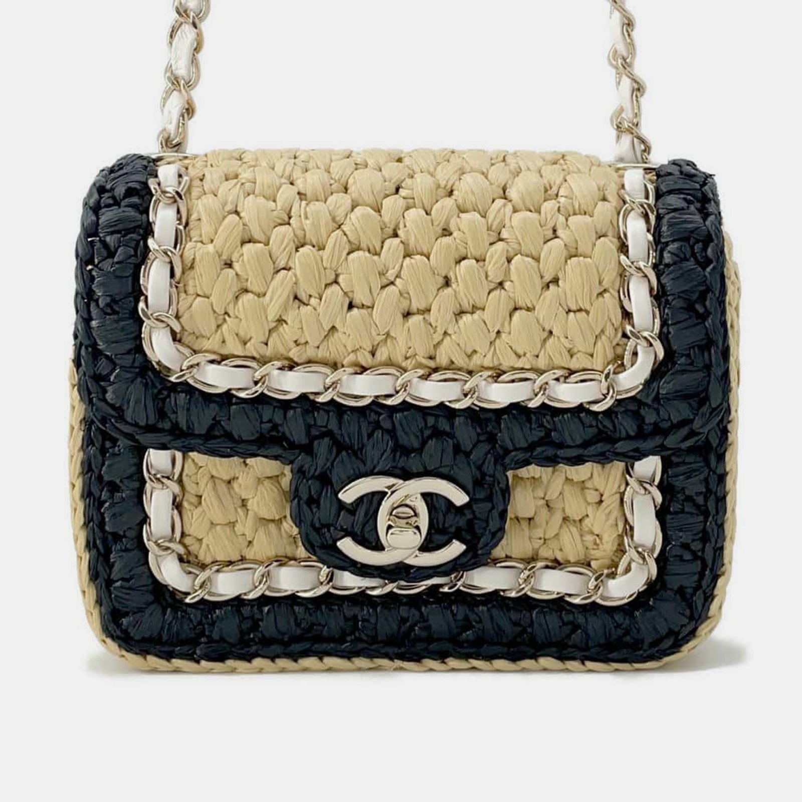 Chanel Black/White/Beige Blade Raffia Lambskin Flap Bag Mini