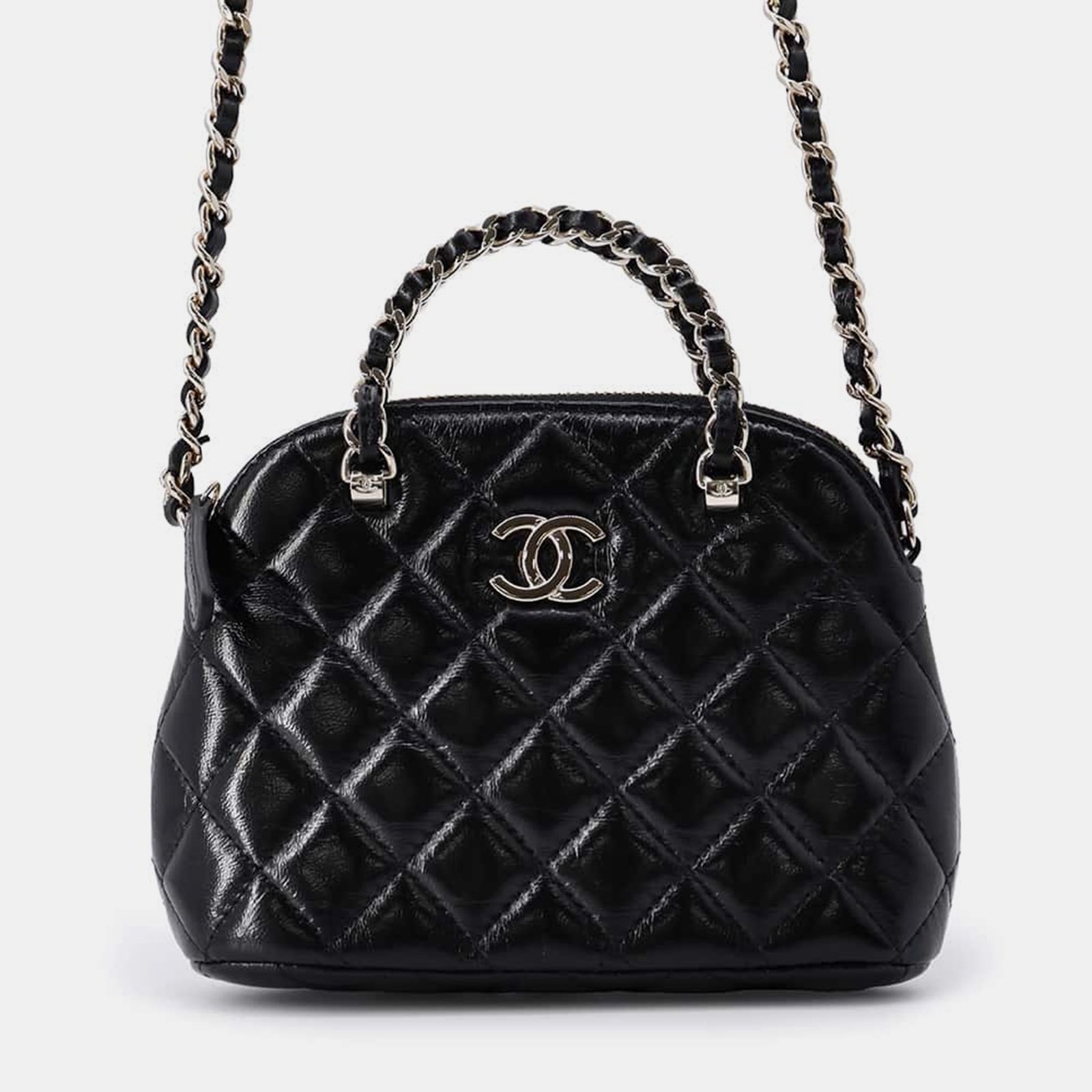 Chanel Black Shiny Lambskin Matelasse Chain Clutch Shoulder Bag Size Small