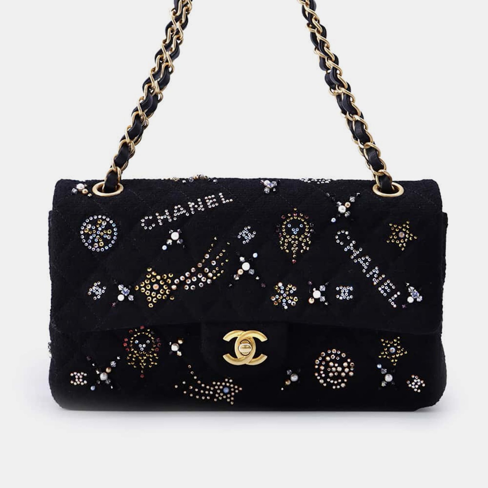 Chanel Black Tweed Rhinestone Matelasse W Flap Chain Shoulder Bag Size 25