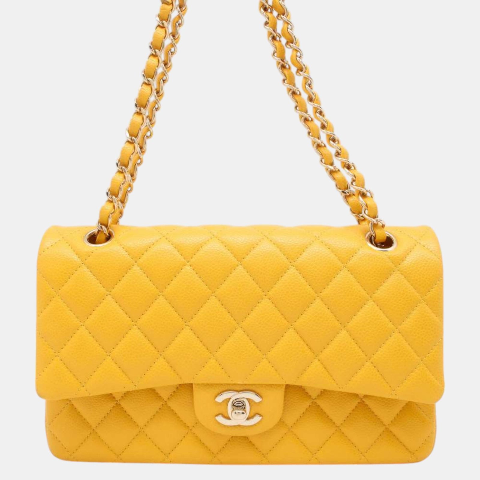 Chanel Yellow Caviar Leather Matelasse W Flap W Chain Shoulder bag Size 25