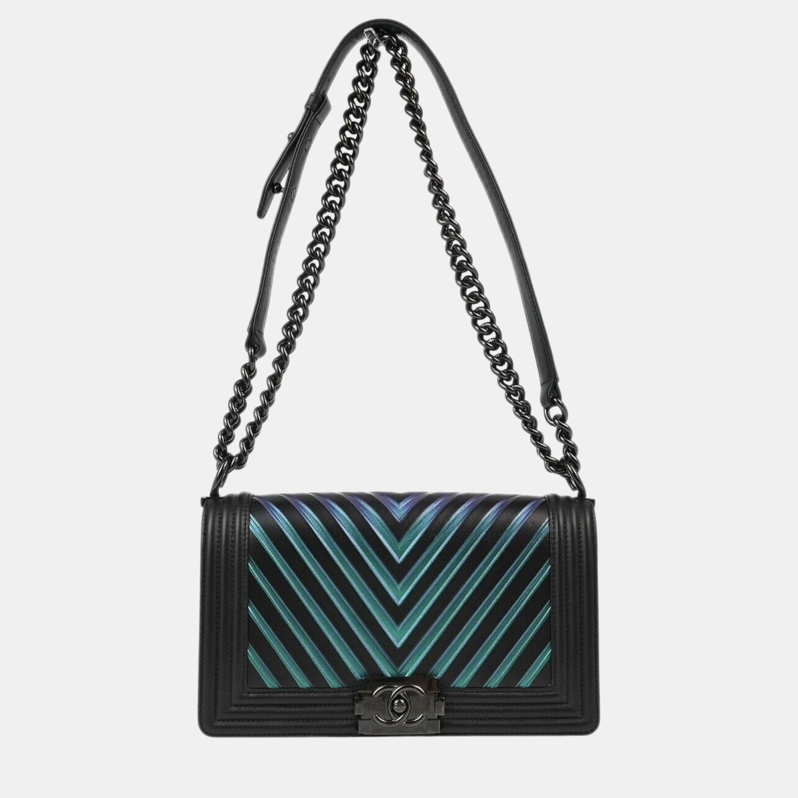 Chanel Black Lambskin Boy Medium Double Chain Shoulder Bag