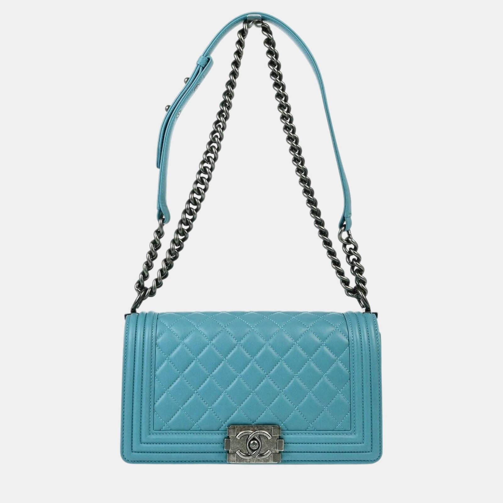 Chanel Blue Lambskin Medium Boy Double Chain Shoulder Bag