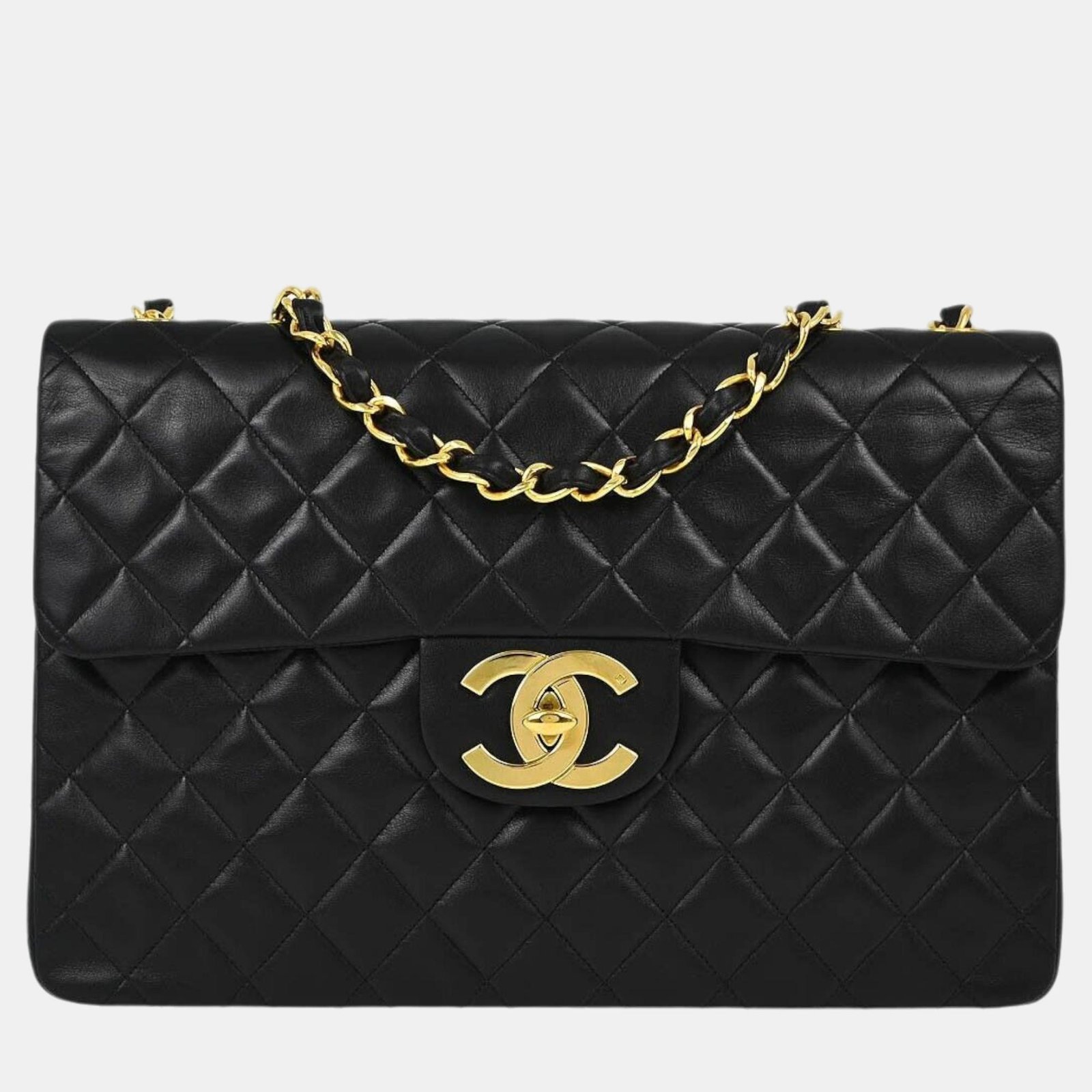 Chanel Black Lambskin Maxi Stainless Steel Flap Shoulder Bag