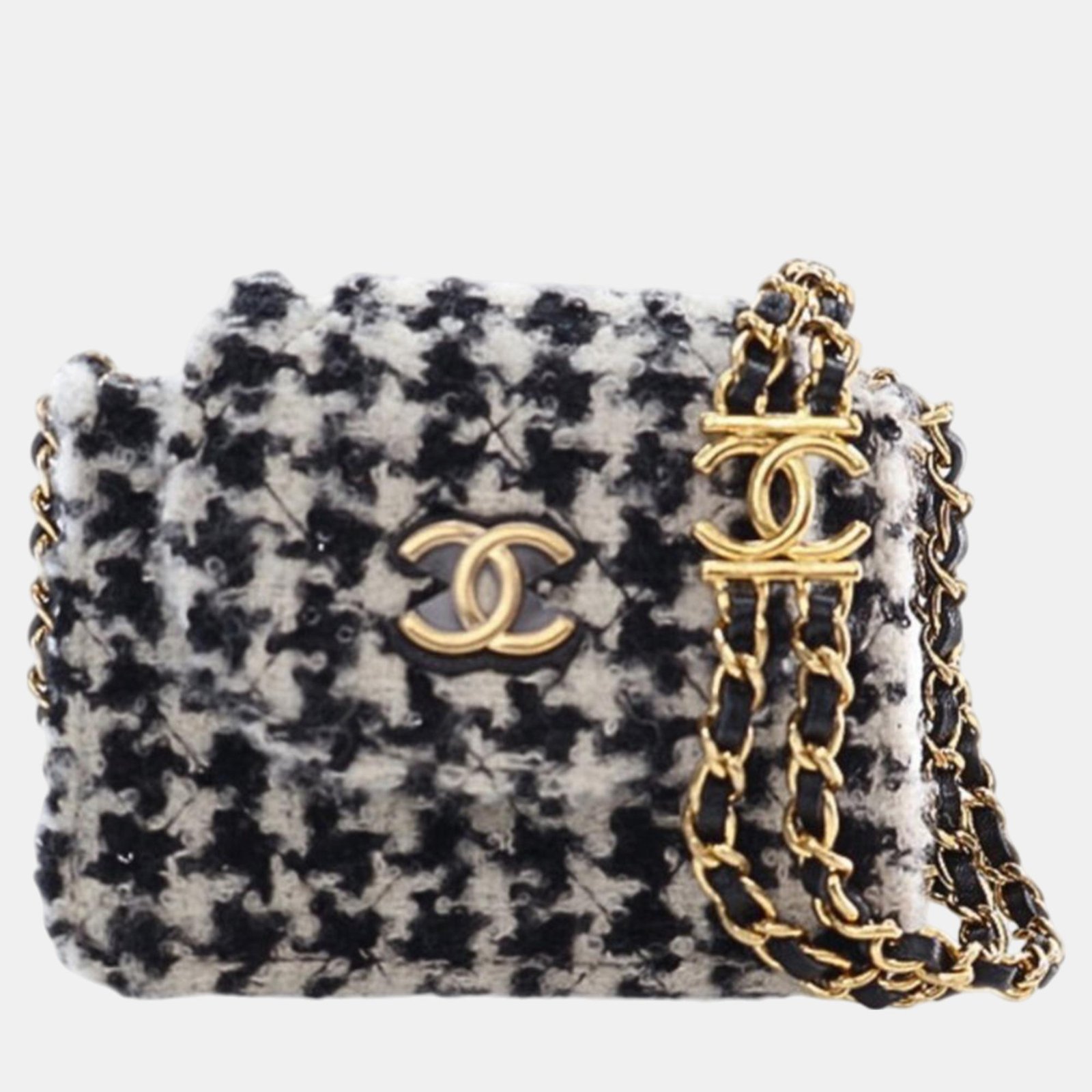 Chanel Black/White Mini CC Tweed Houndstooth Accordion Flap