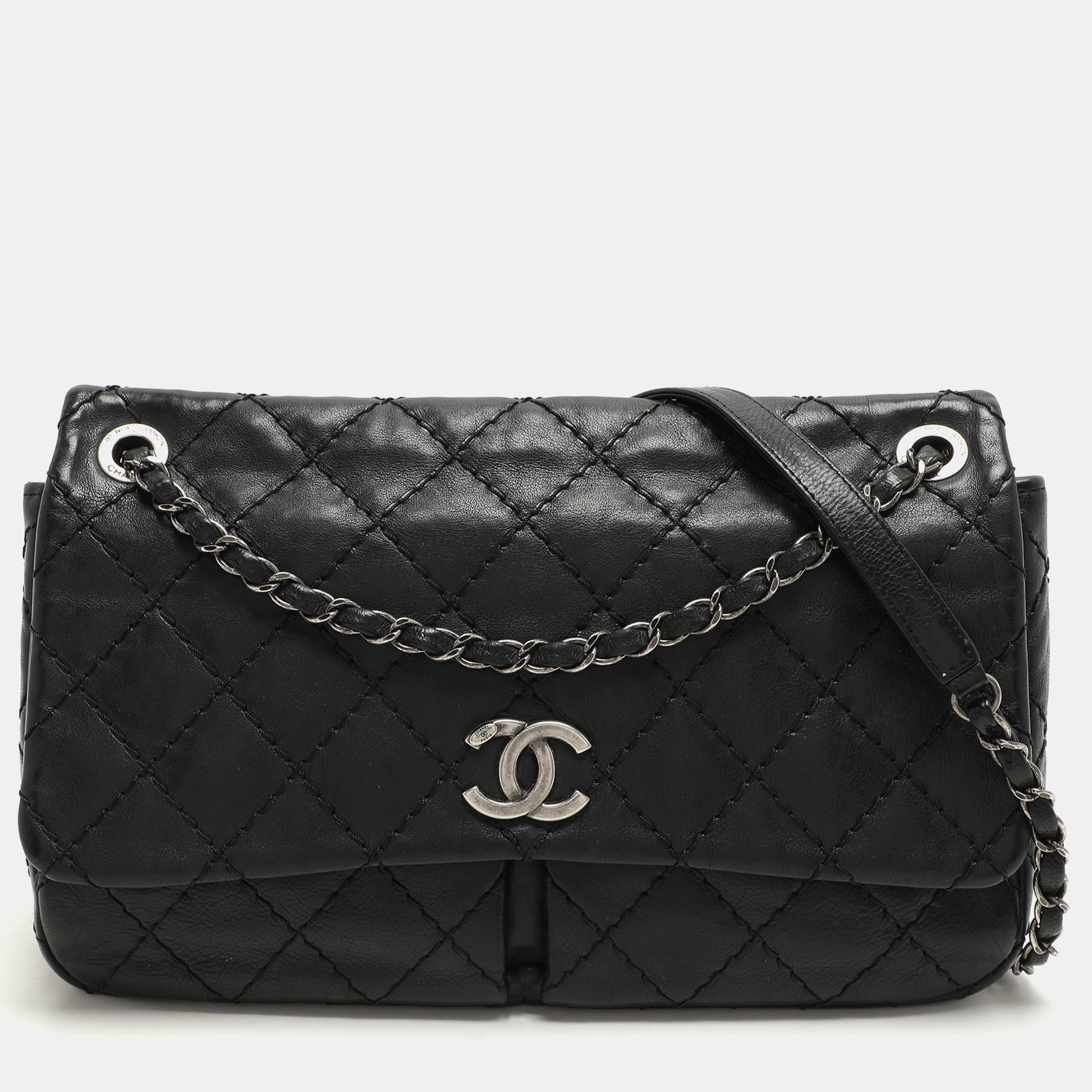 Chanel Black Wild Stitch Quilted Leather CC Split Pocket Shoulder Bag