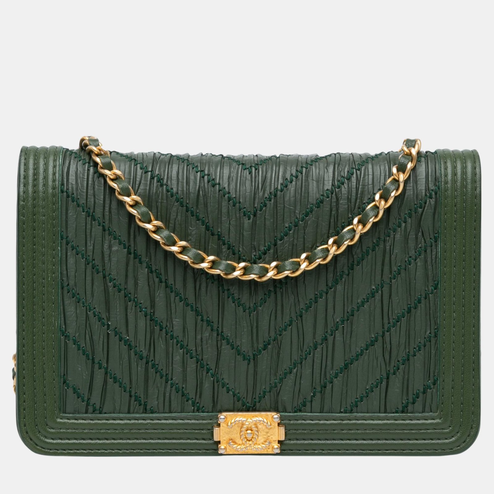 Chanel Green Chevron Quilted Crumpled Calfskin Boy Wallet On Chain