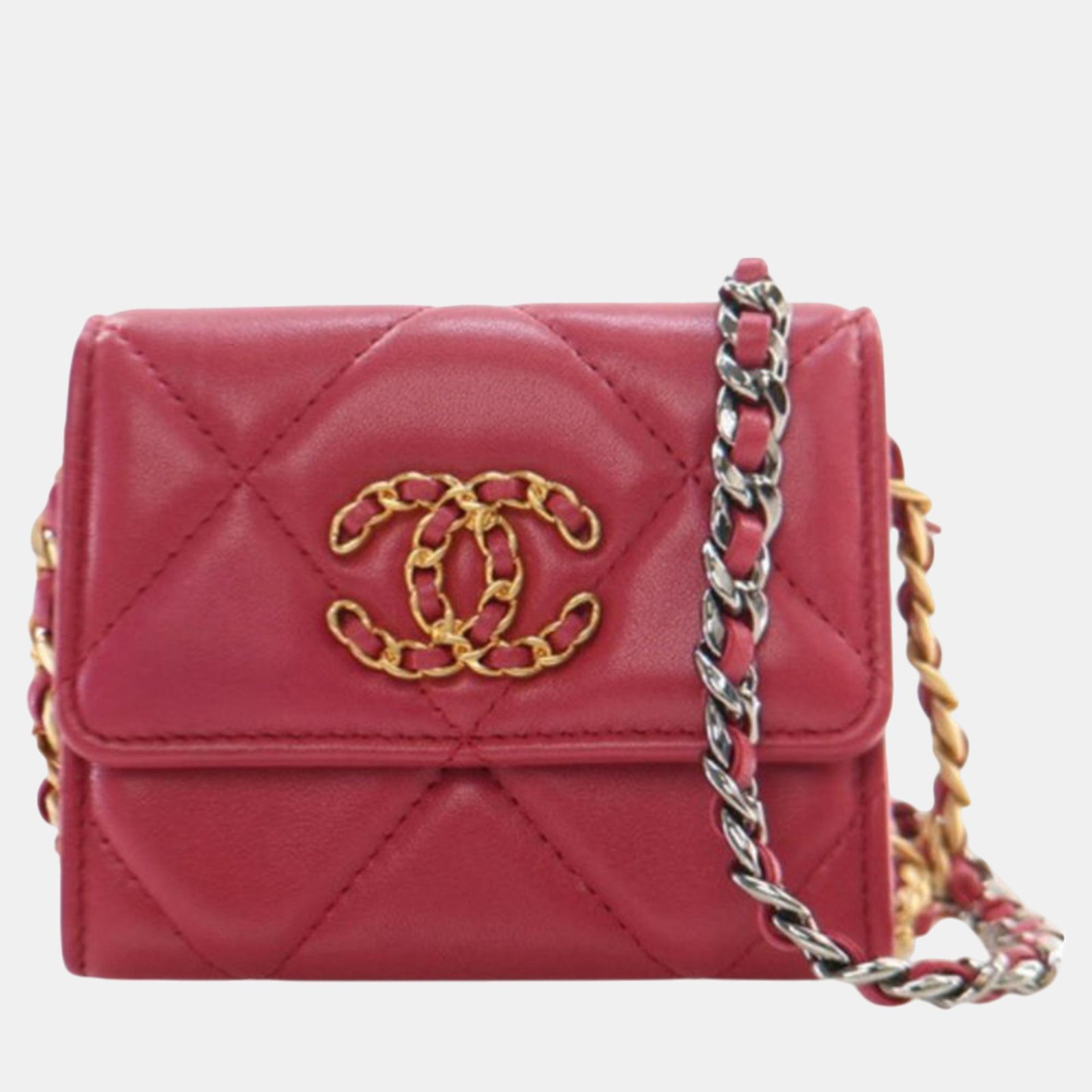 Chanel Pink Lambskin 19 Flap Coin Purse With Chain