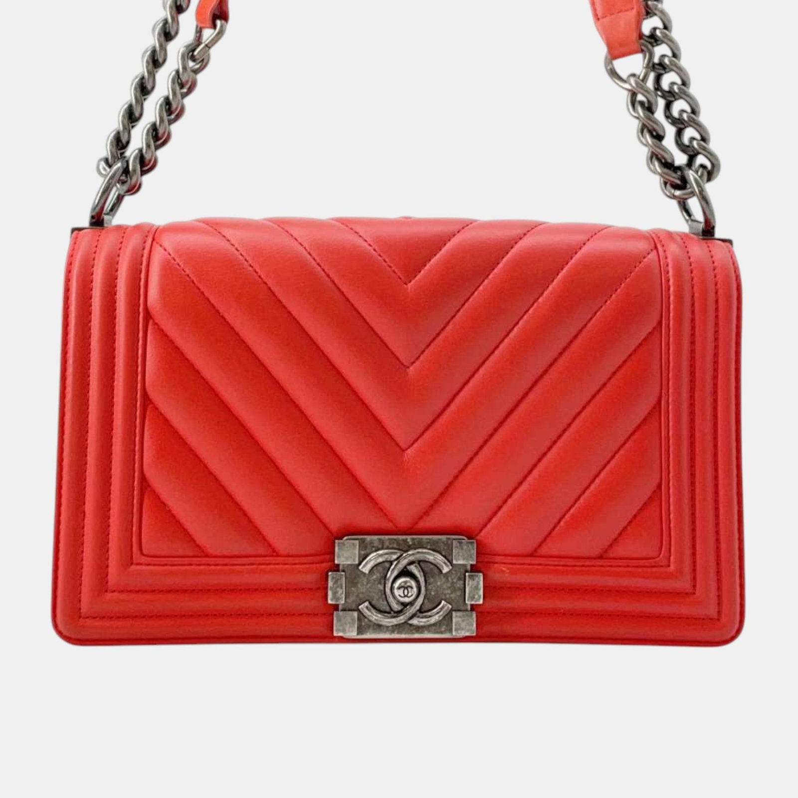 Chanel Carnelian Lambskin Chevron Boy Chanel Chain Shoulder