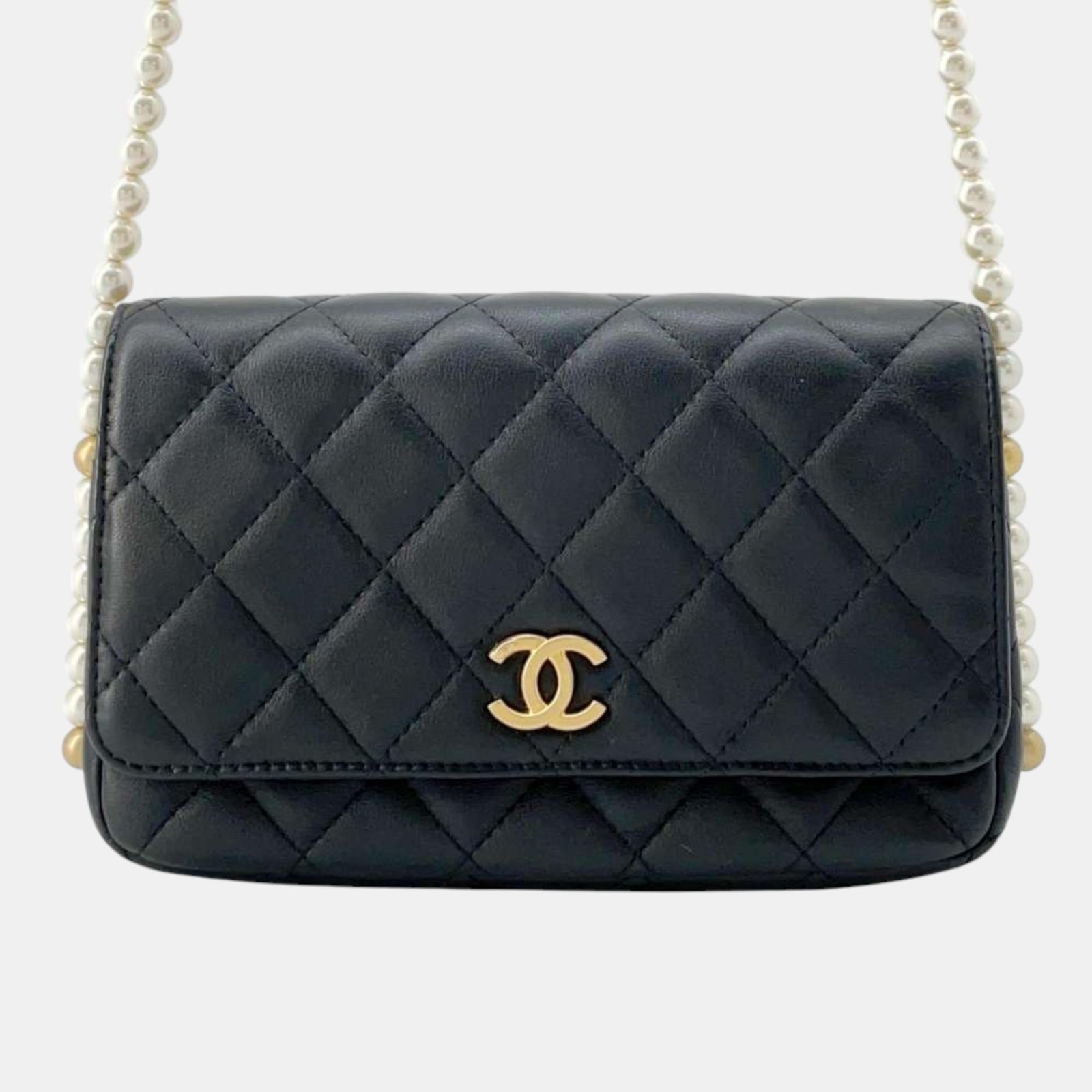 Chanel Black Lambskin Matelasse Classic Pearl Shoulder Bag