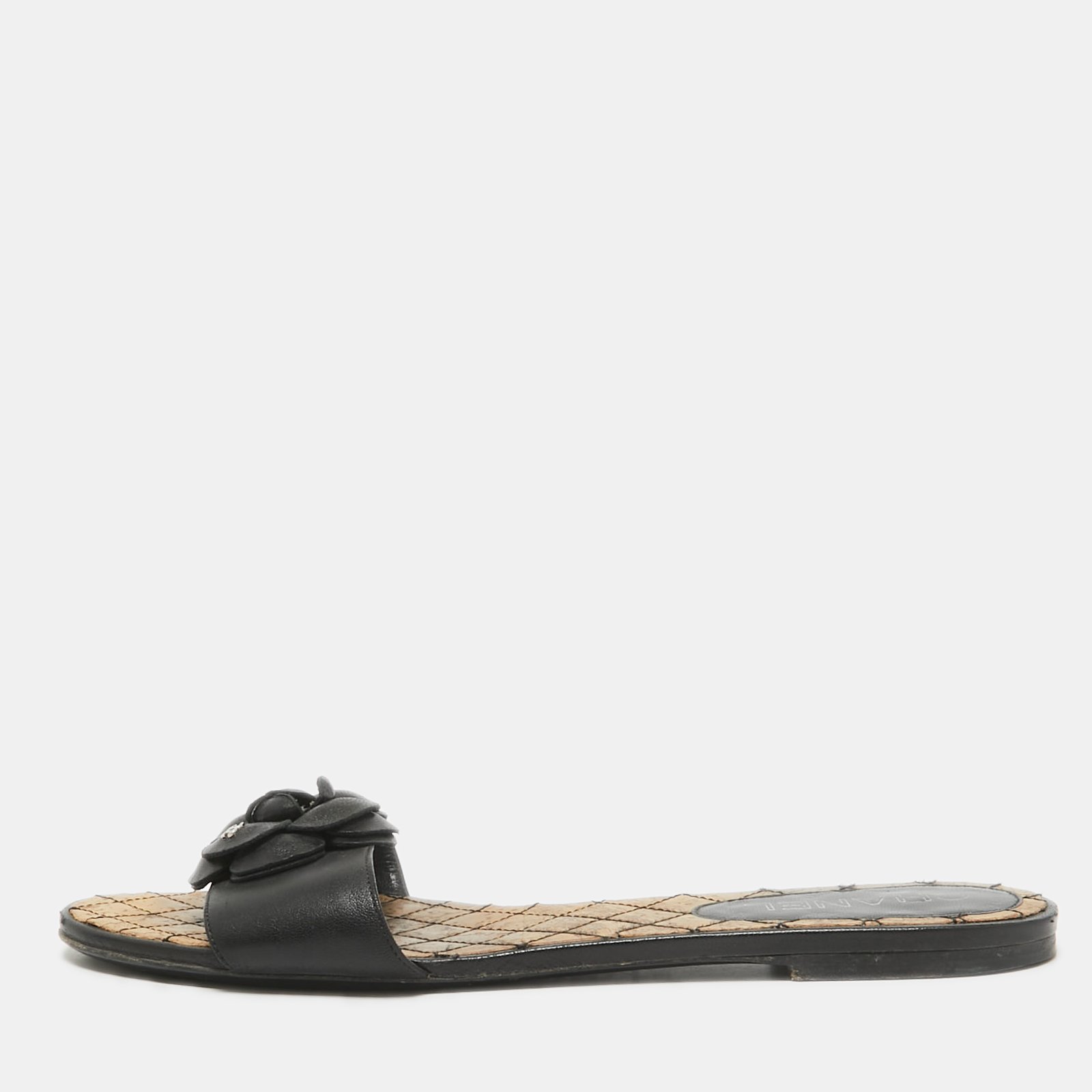 Chanel Black Leather Camellia Embellished CC Flat Sandals Size 39.5