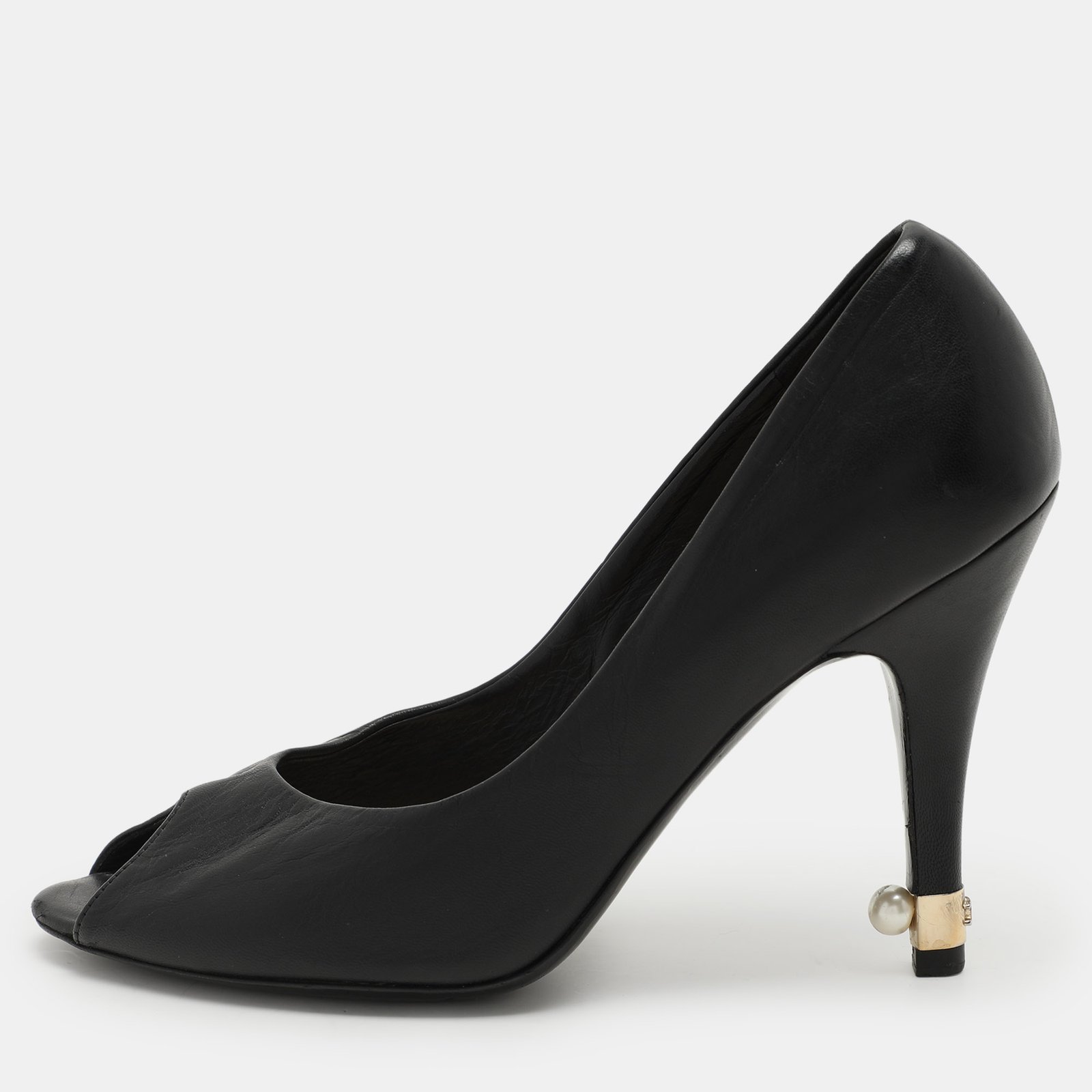 Chanel Black Leather CC Embellished Peep Toe Pumps Size 36