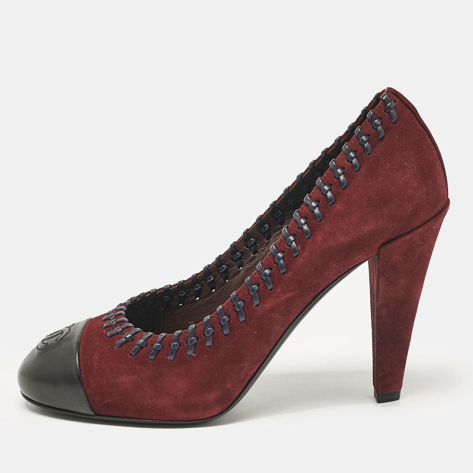 Chanel Burgundy/Black Suede and Leather CC Platform Pumps Size 38