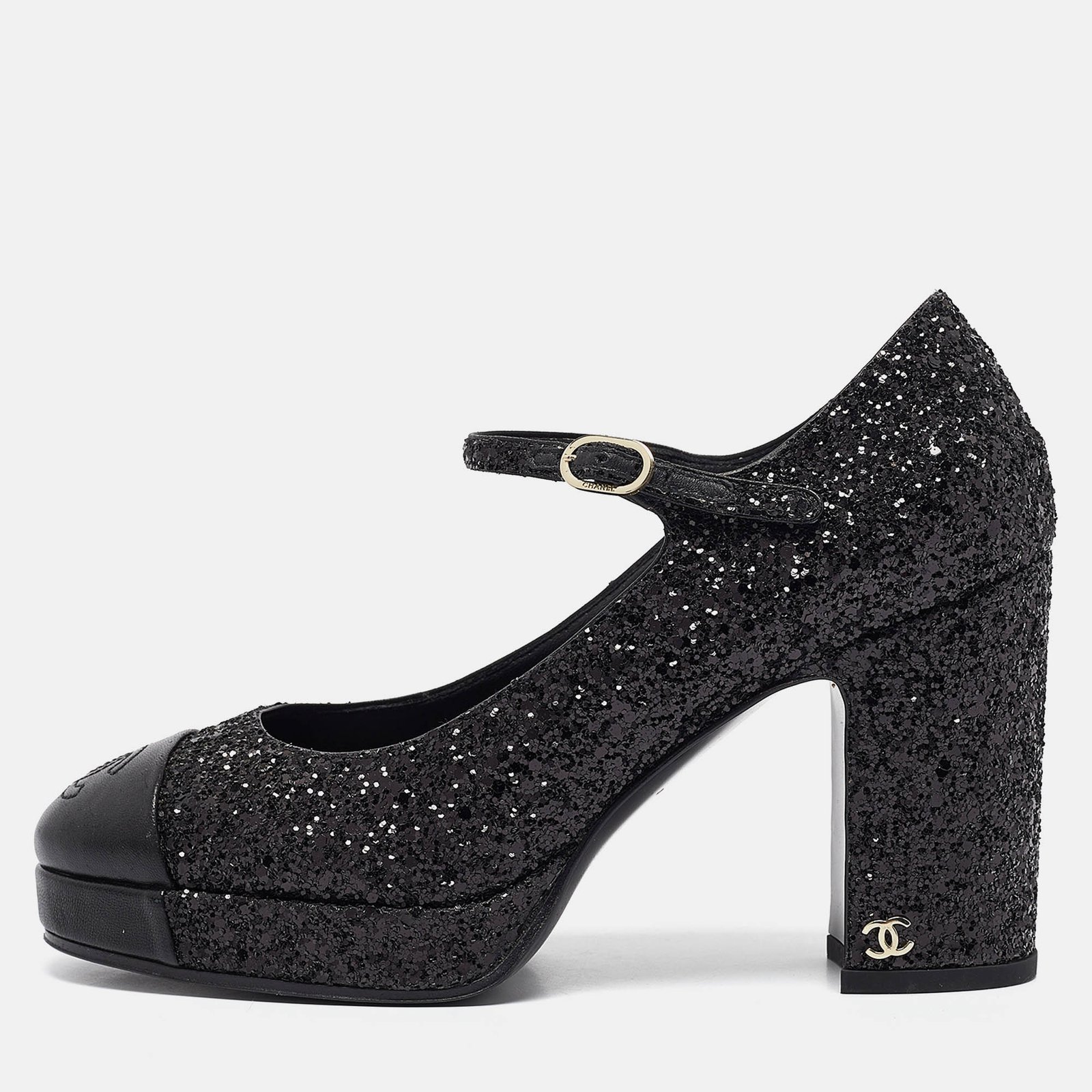 Chanel Black Glitter and Leather CC Platform Mary Jane Pumps Size 37