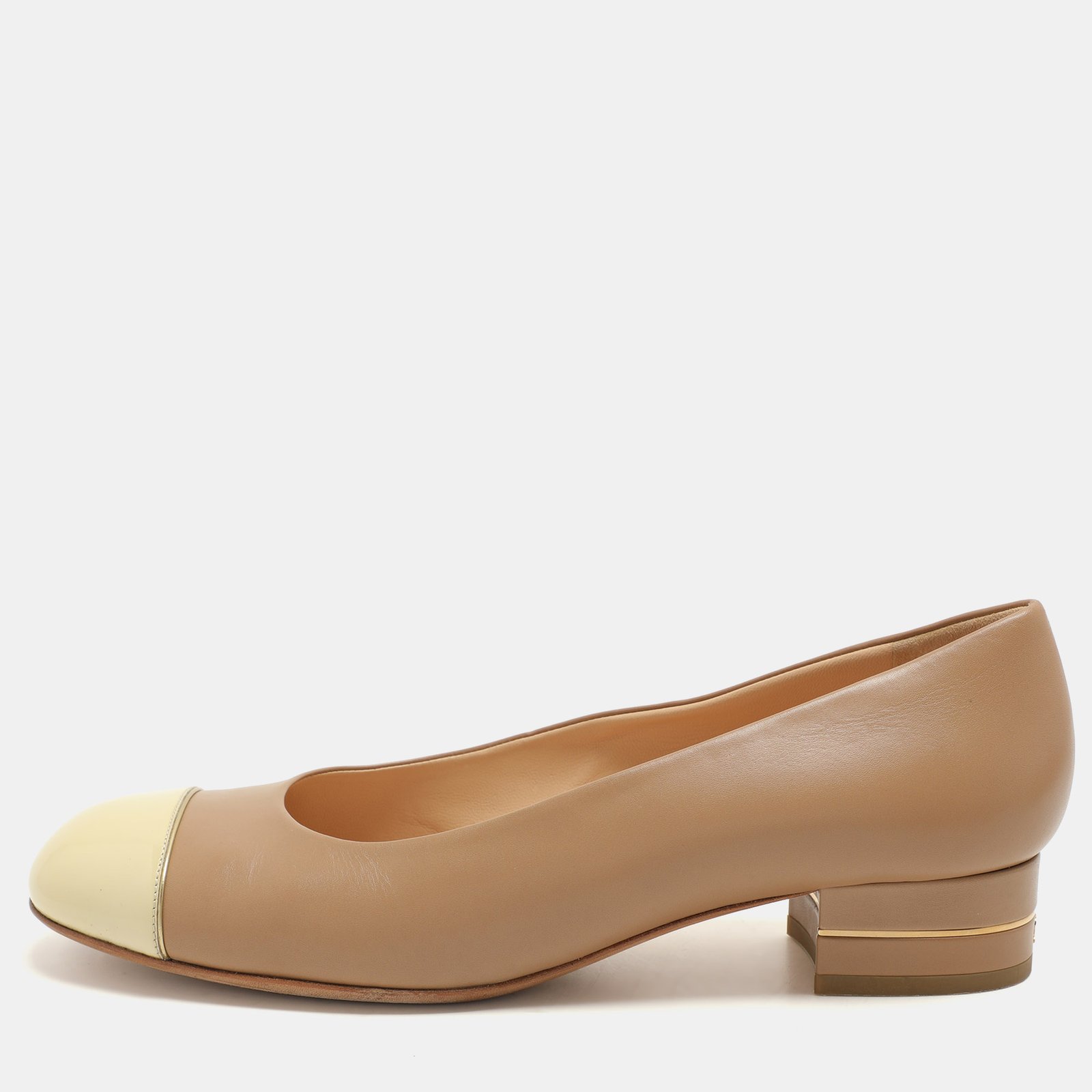 Chanel Brown/Beige Patent and Leather CC Cap Toe Block Heel Pumps Size 41