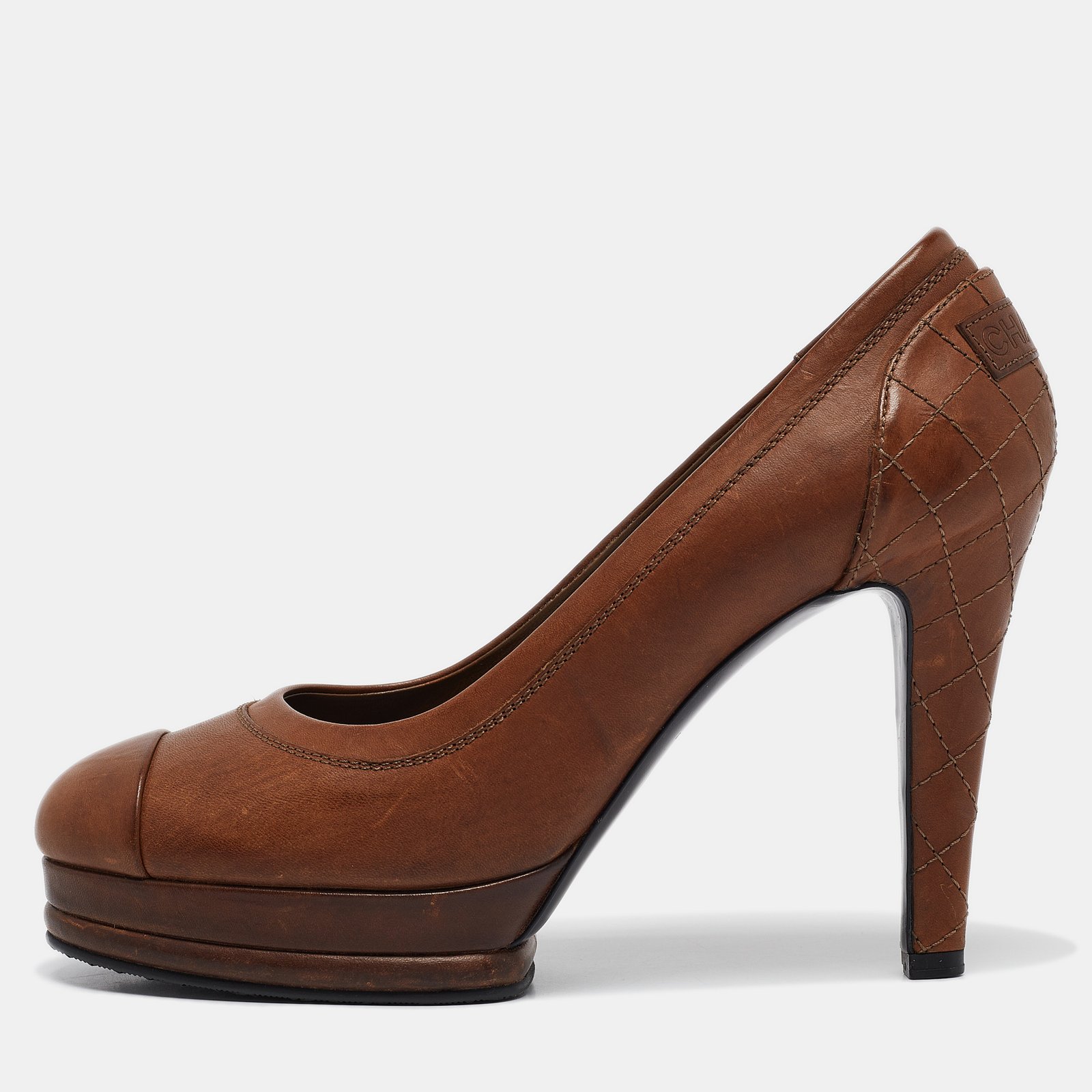 Chanel Brown Leather Platform Cap Toe Pumps Size 39