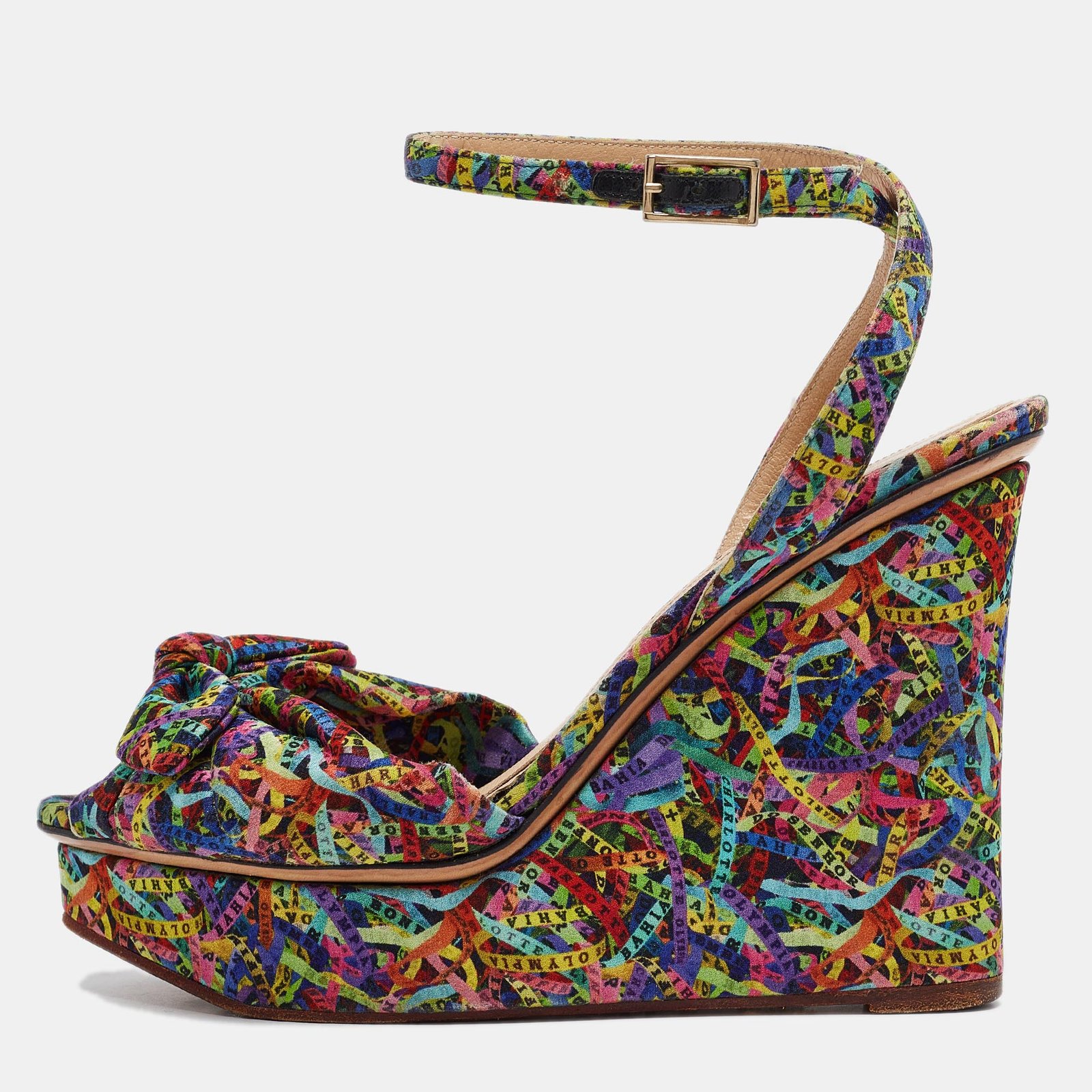 Charlotte Olympia Multicolor Printed Fabric Knotted Bow Ankle Strap Wedge Sandals Size 39.5