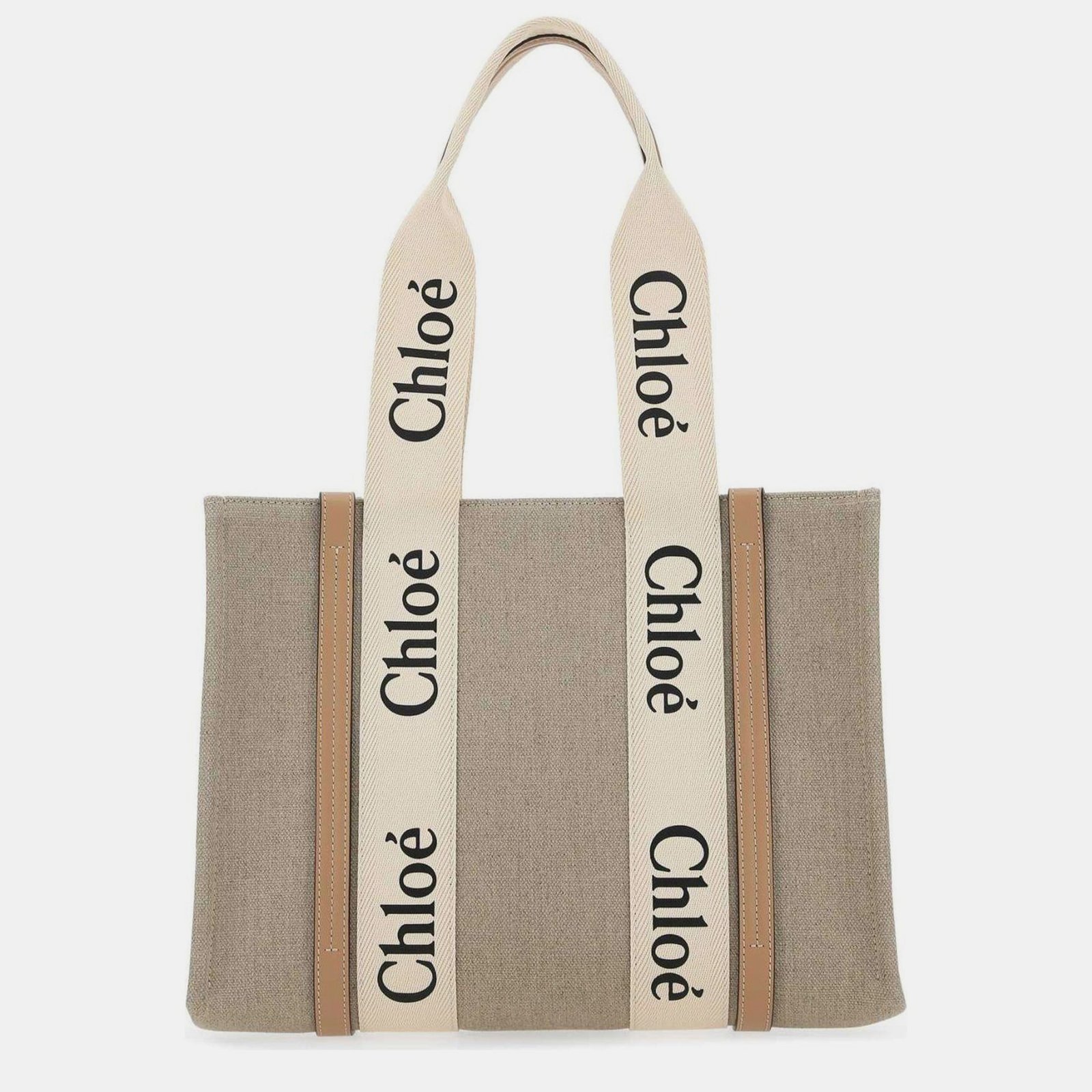 Chloe Beige Canvas Woody Logo Printed Medium Tote Bag