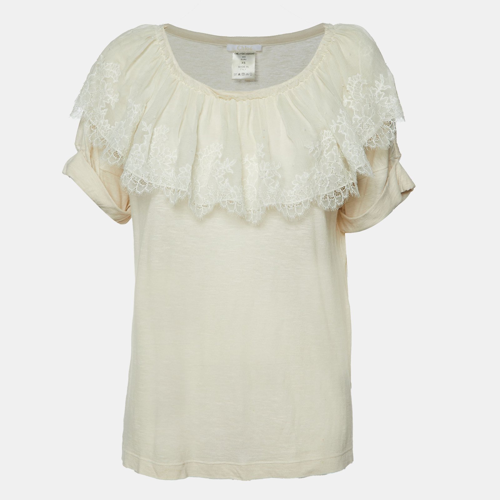 Chloe Ecru Cream Knit Lace Trimmed Top XS