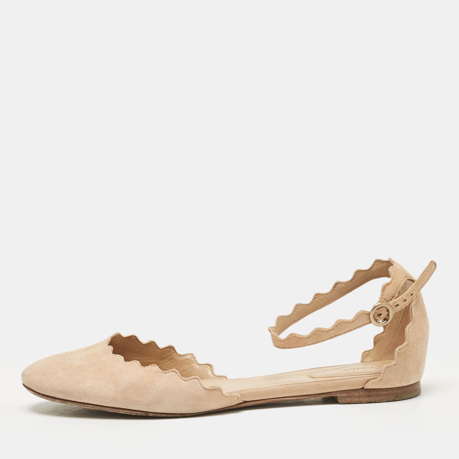 Chloe Beige Suede Lauren Scalloped Ankle Strap Ballet Flats Size 37.5