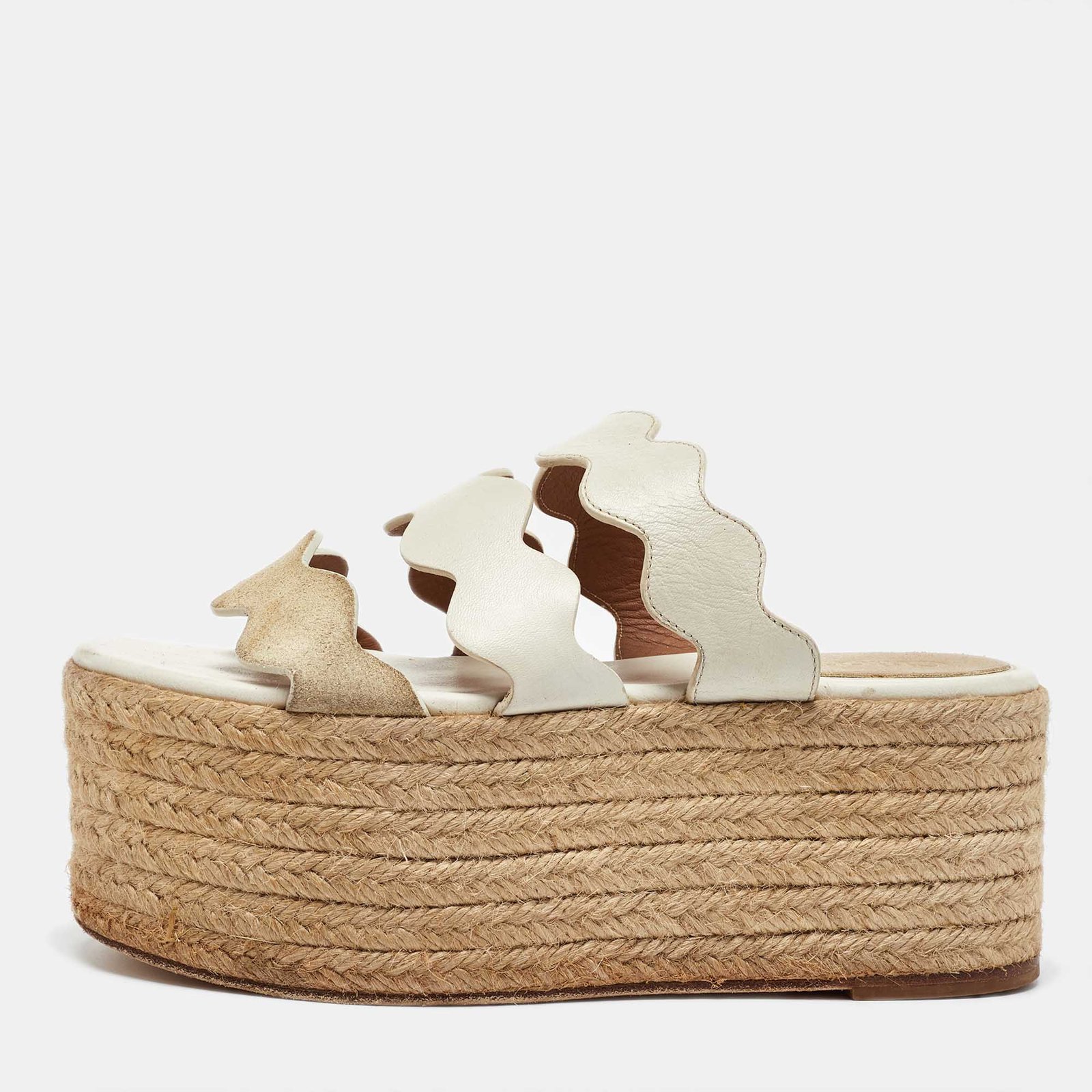 Chloe White Leather Suede Espadrille Platform Sandals Size 35