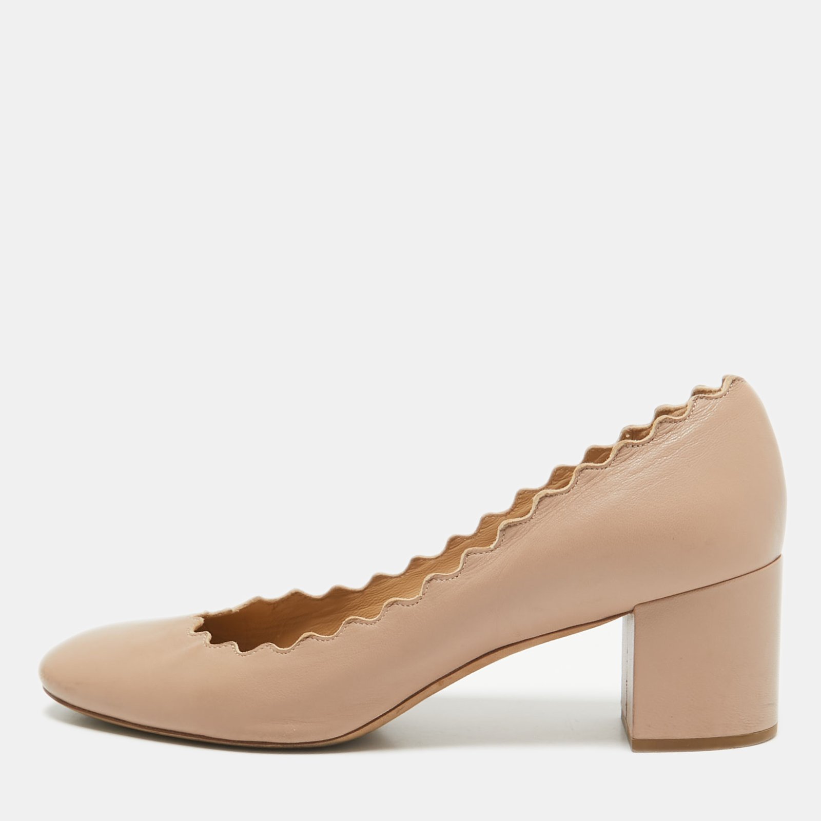 Chloe Beige Leather Laurena Scalloped Block Heel Pumps Size 36.5