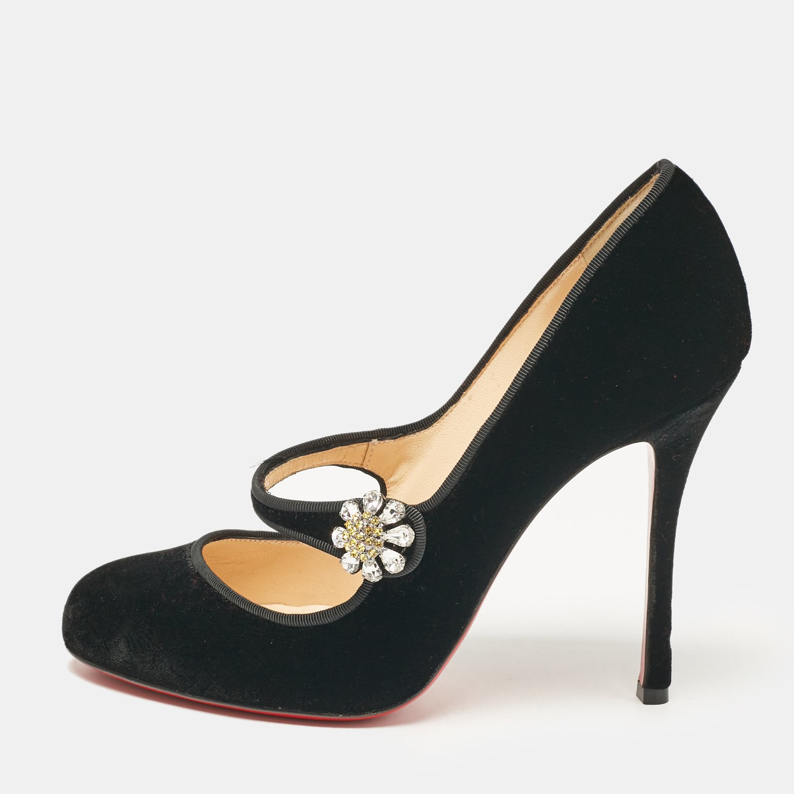Christian Louboutin Black Textured Velvet Booton MJ Pumps Size 37.5