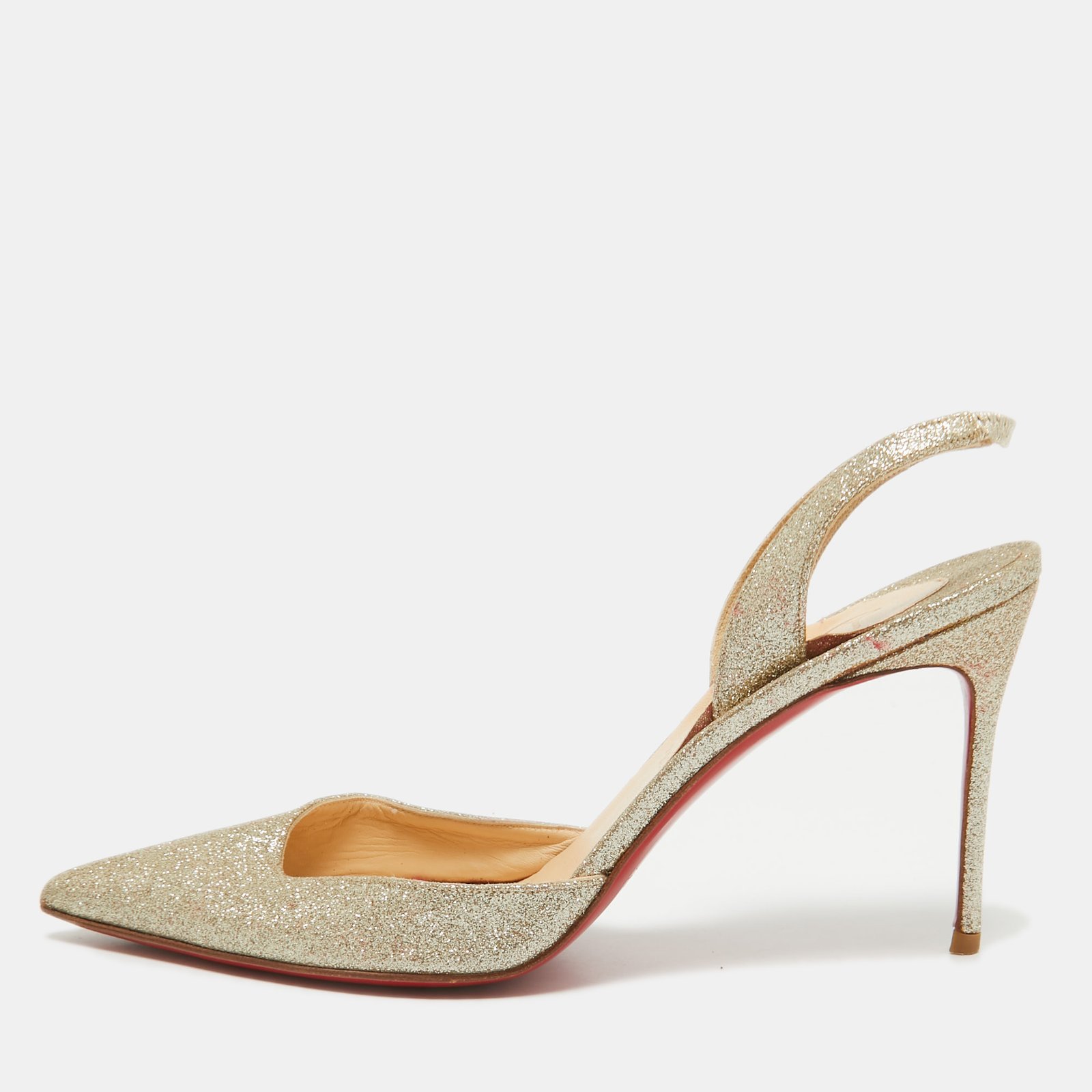 Christian Louboutin Gold Glitter Leather Ever Slingback Pumps Size 39.5