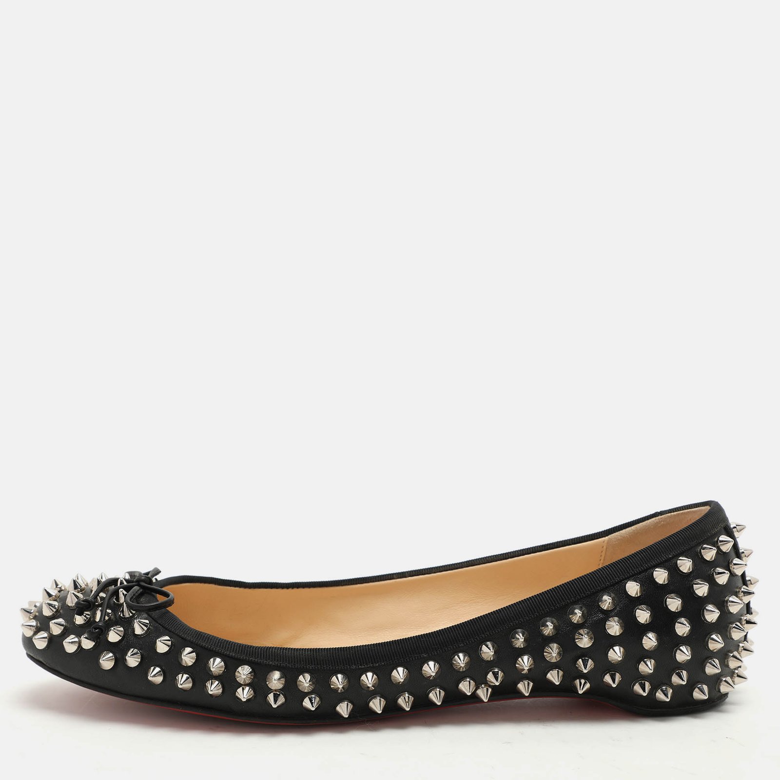 Christian Louboutin Black Leather Sonietta Spikes Bow Ballet Flats 38.5