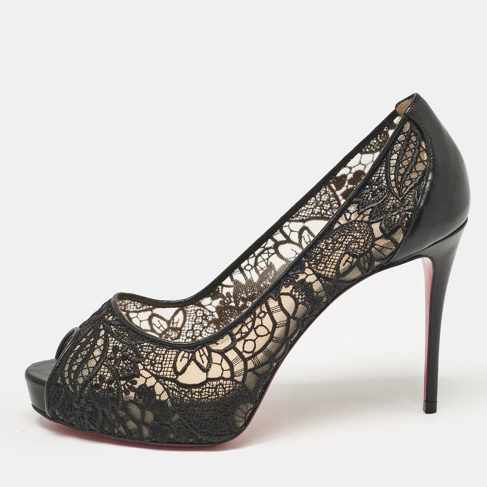 Christian Louboutin Black Lace and Leather Very Lace Pumps Size 36