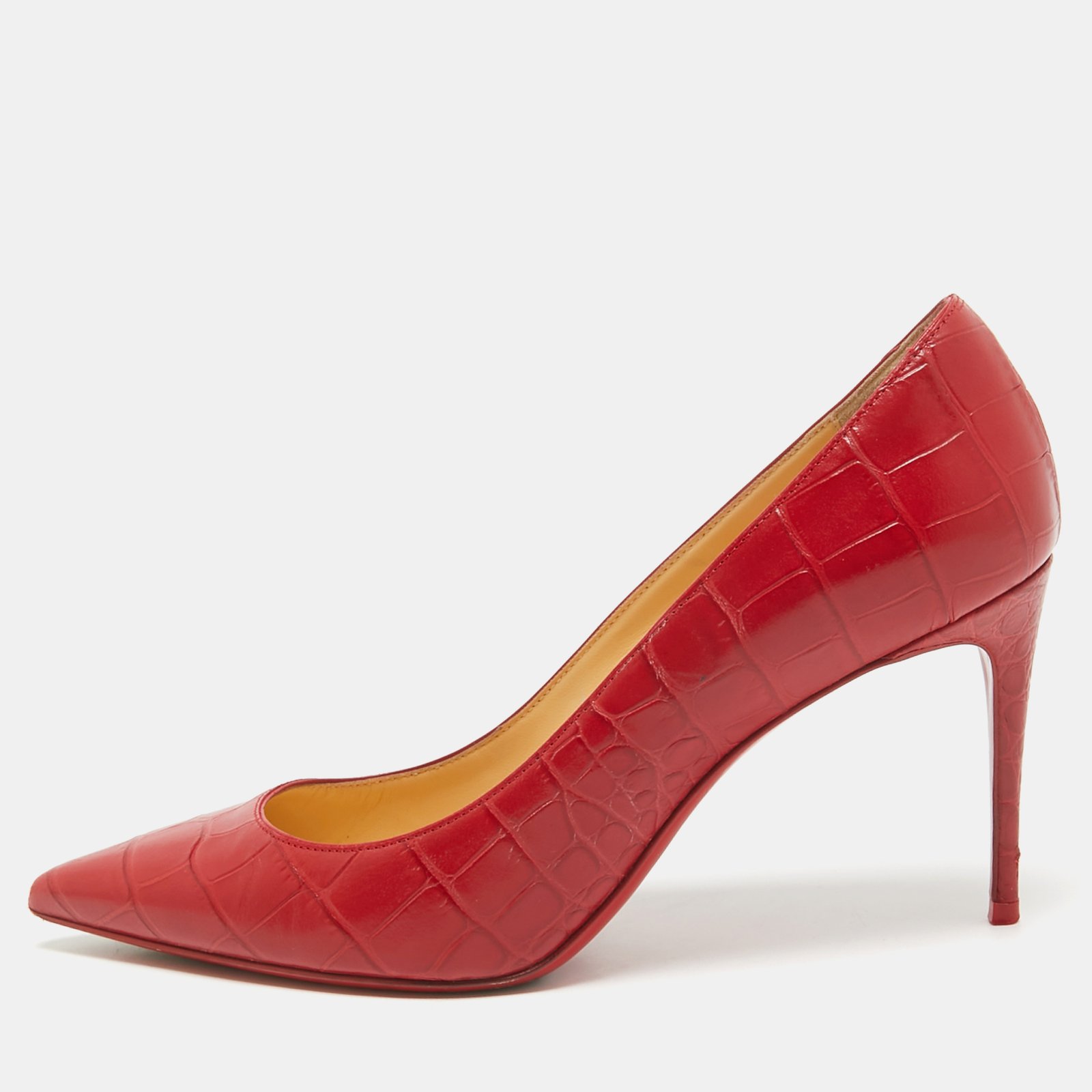 Christian Louboutin Red Croc Embossed Leather Pigalle Spikes Pumps Size 37.5