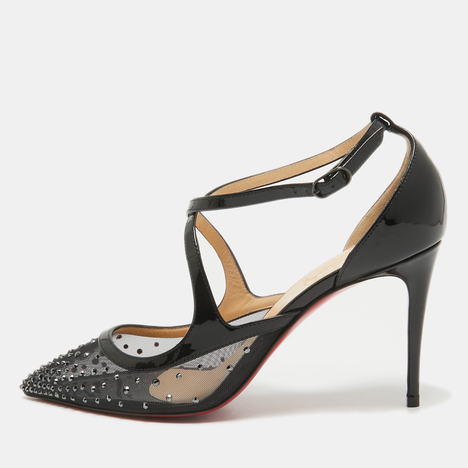 Christian Louboutin Black Patent and Mesh Strass Twistissima Pumps Size 38