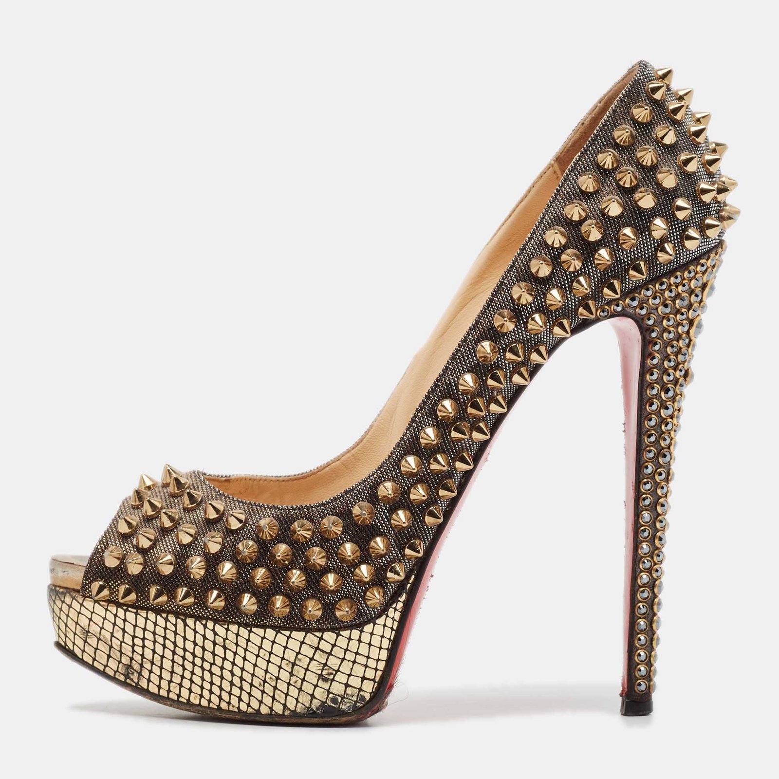 Christian Louboutin Metallic Gold Lurex Fabric Lady Peep Toe Spikes Platform Pumps Size 38.5