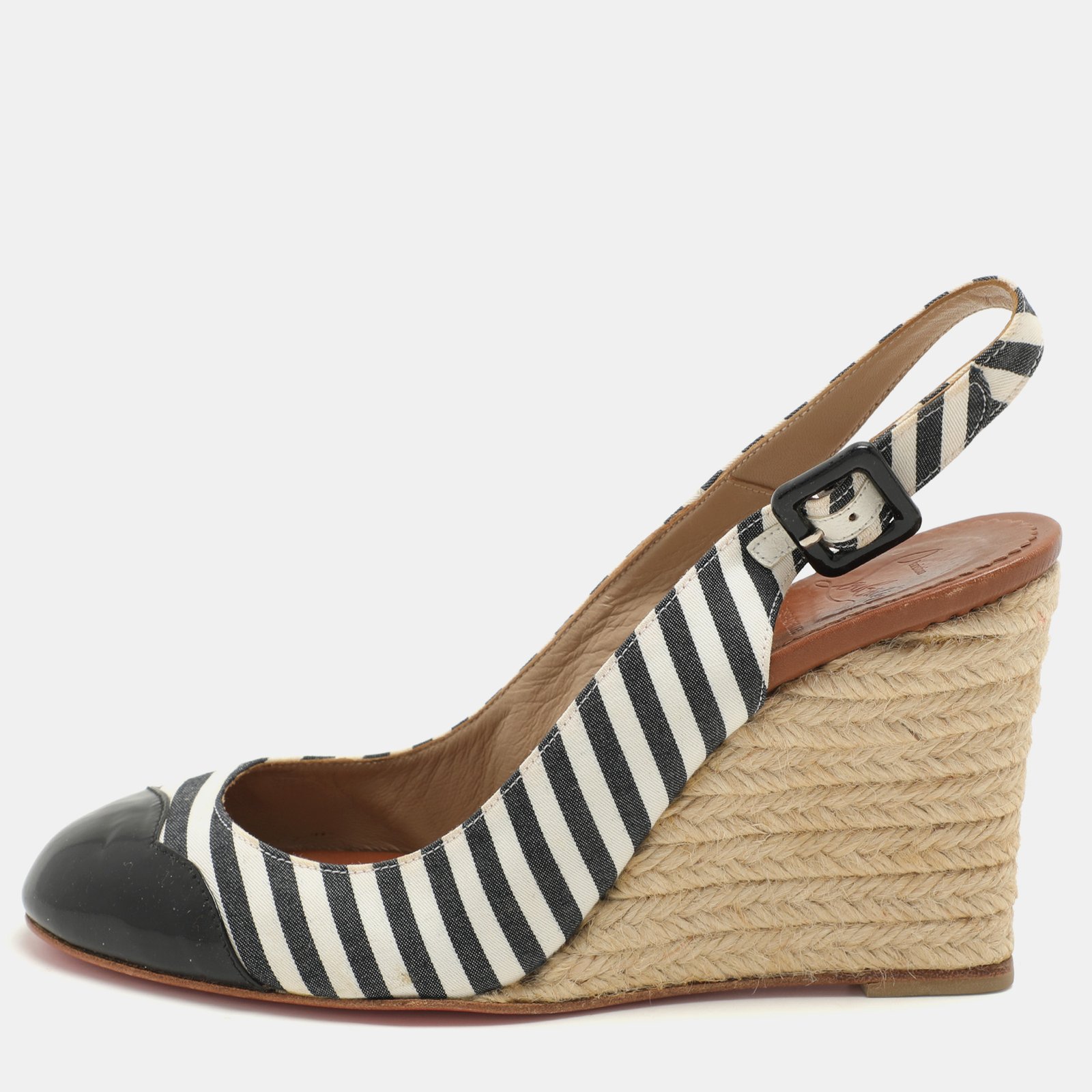 Christian Louboutin Striped Canvas and Patent Cap Toe Slingback Wedges  Espadrille Size 37