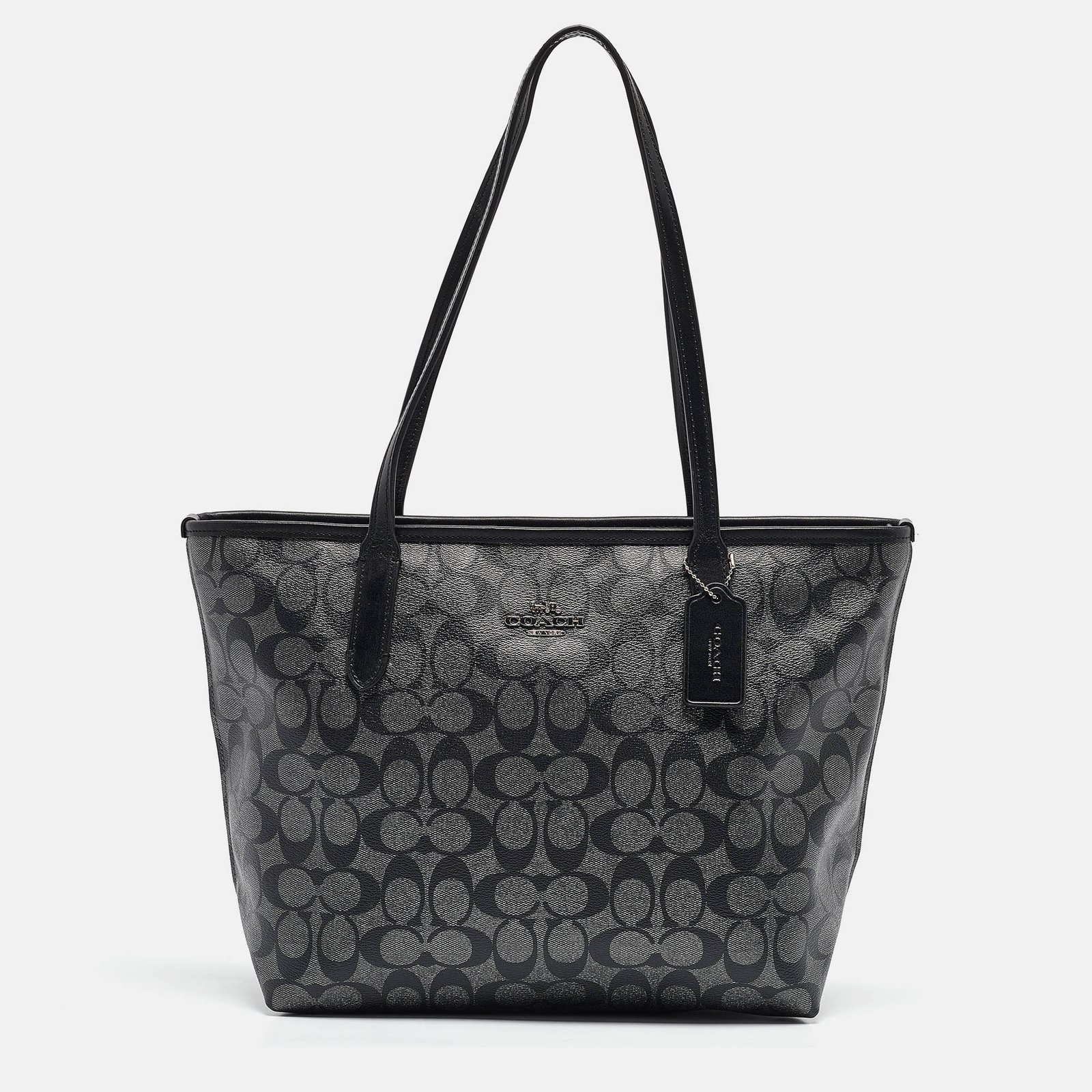 Coach Black/Silver Signature Coated Canvas and Leather City Zip Tote