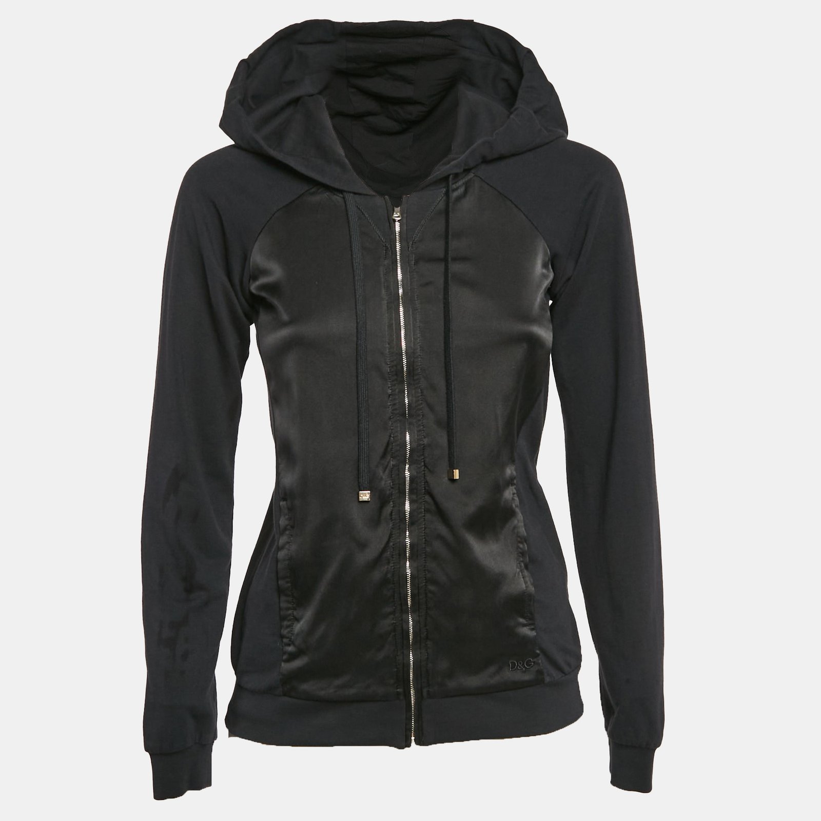 D&G Black Satin and Cotton Knit Zip-Up Jacket S