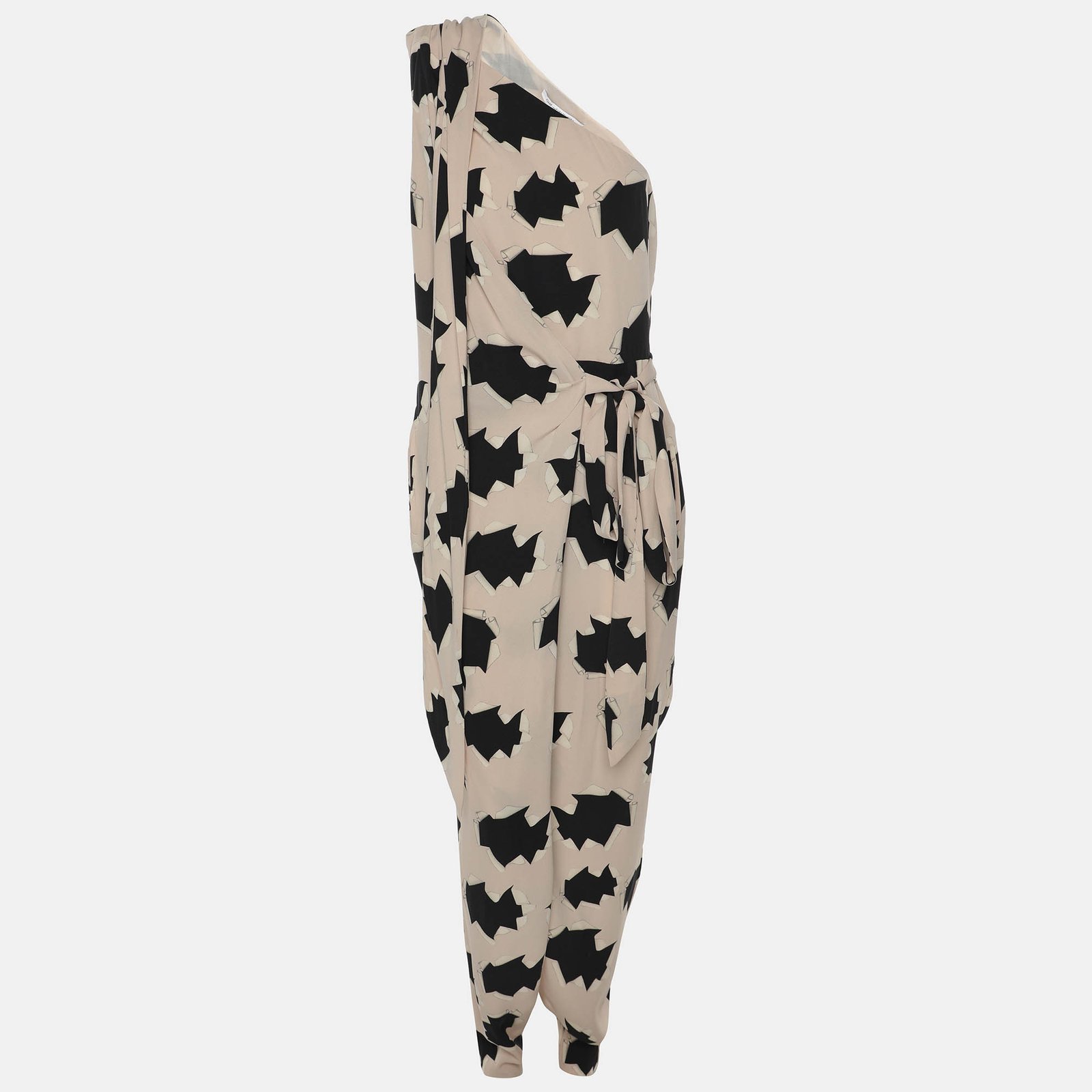 Diane Von Furstenberg Pink/Black Spina Print Silk One Shoulder Jumpsuit S