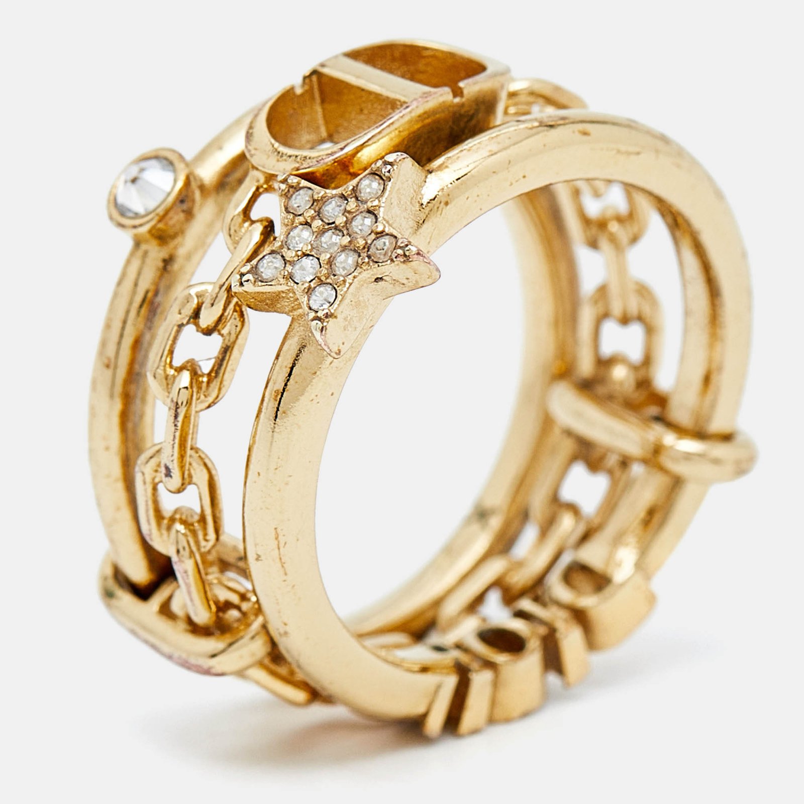 Dior CD Crystals Gold Tone Logo Triple Ring Size 54