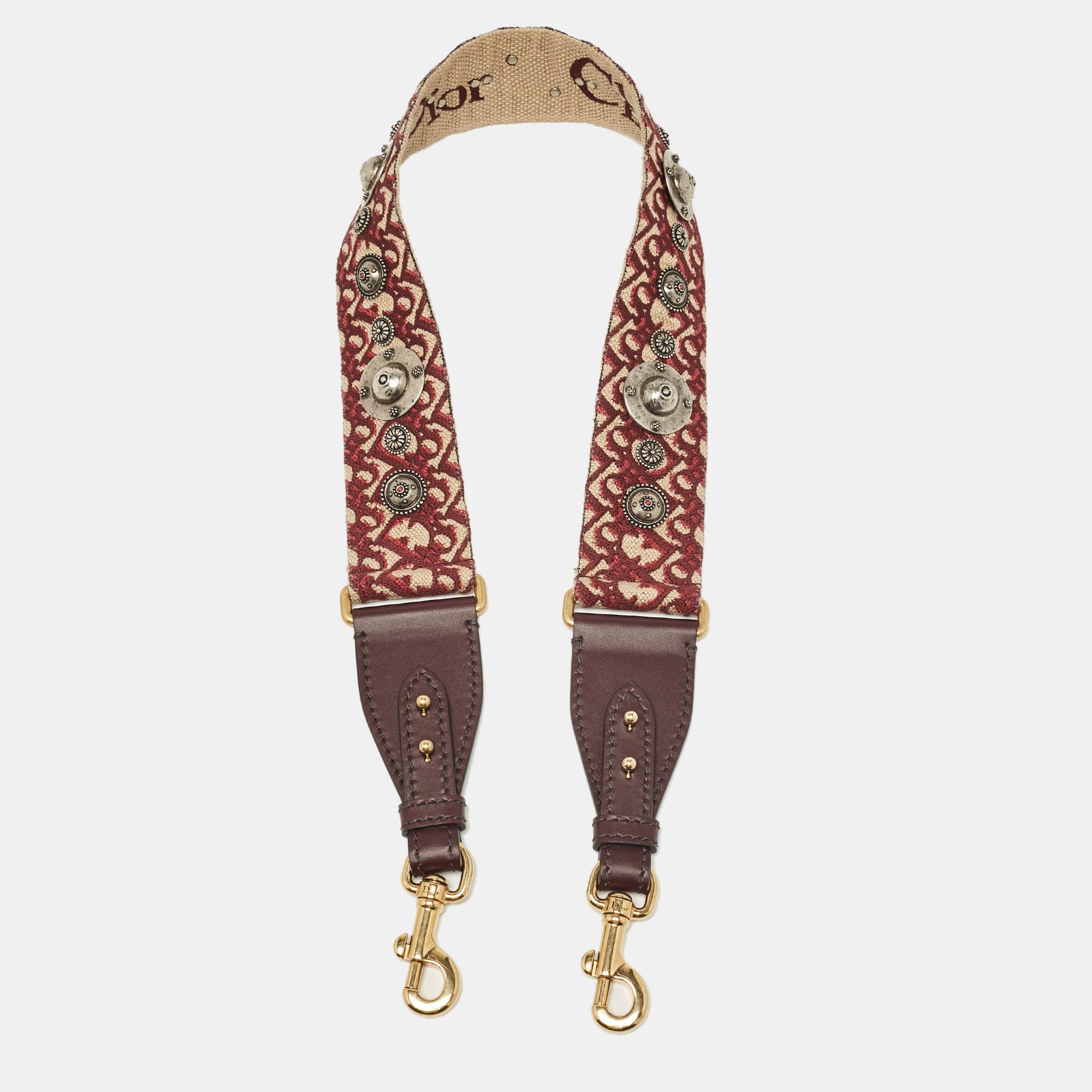 Dior Burgundy/Beige Oblique Canvas and Leather Studded Shoulder Bag Strap