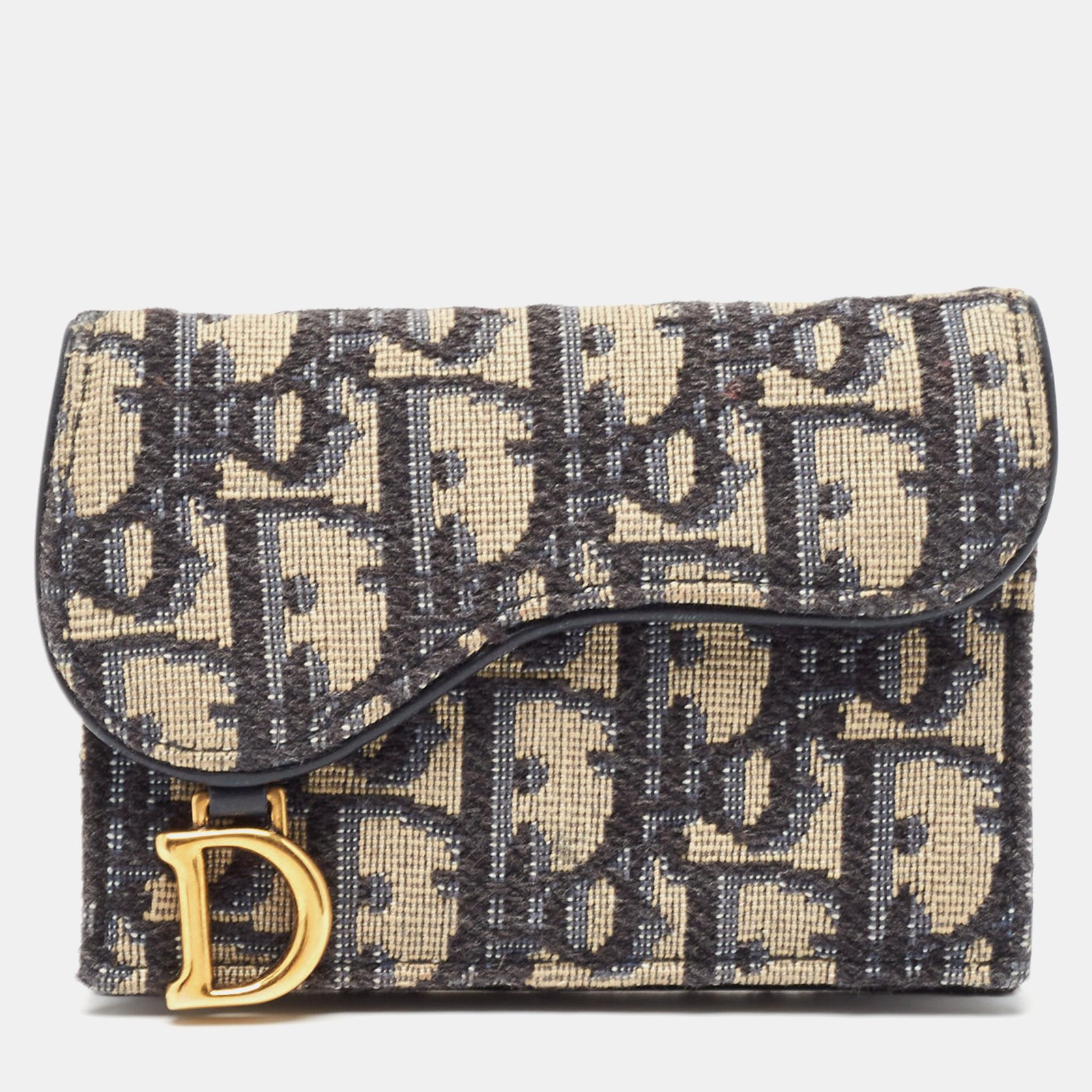 Dior Navy Blue Oblique Canvas and Leather Saddle Wallet