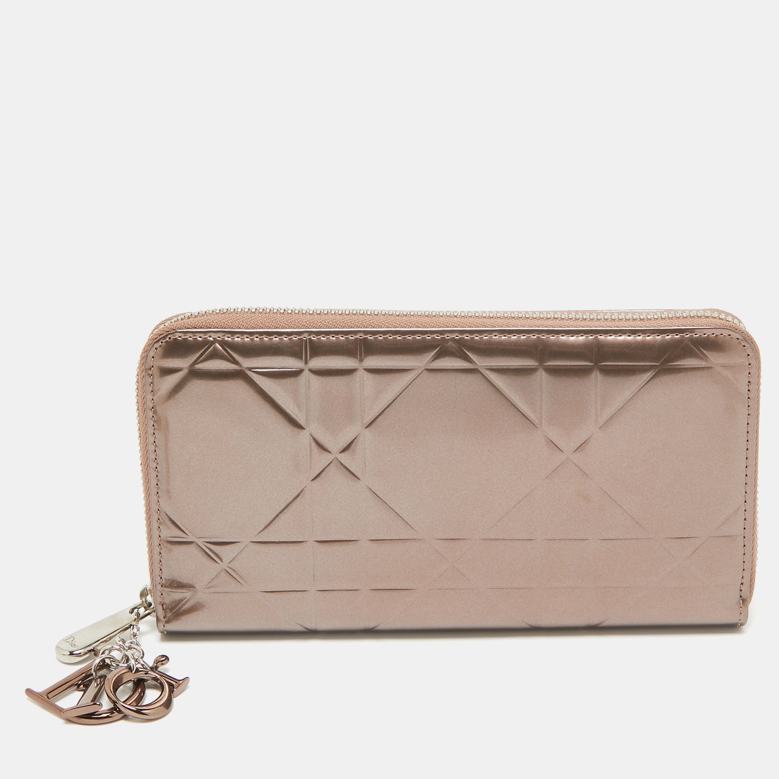 Dior Rose Gold Cannage Patent Leather  Lady Dior Zip Continental Wallet