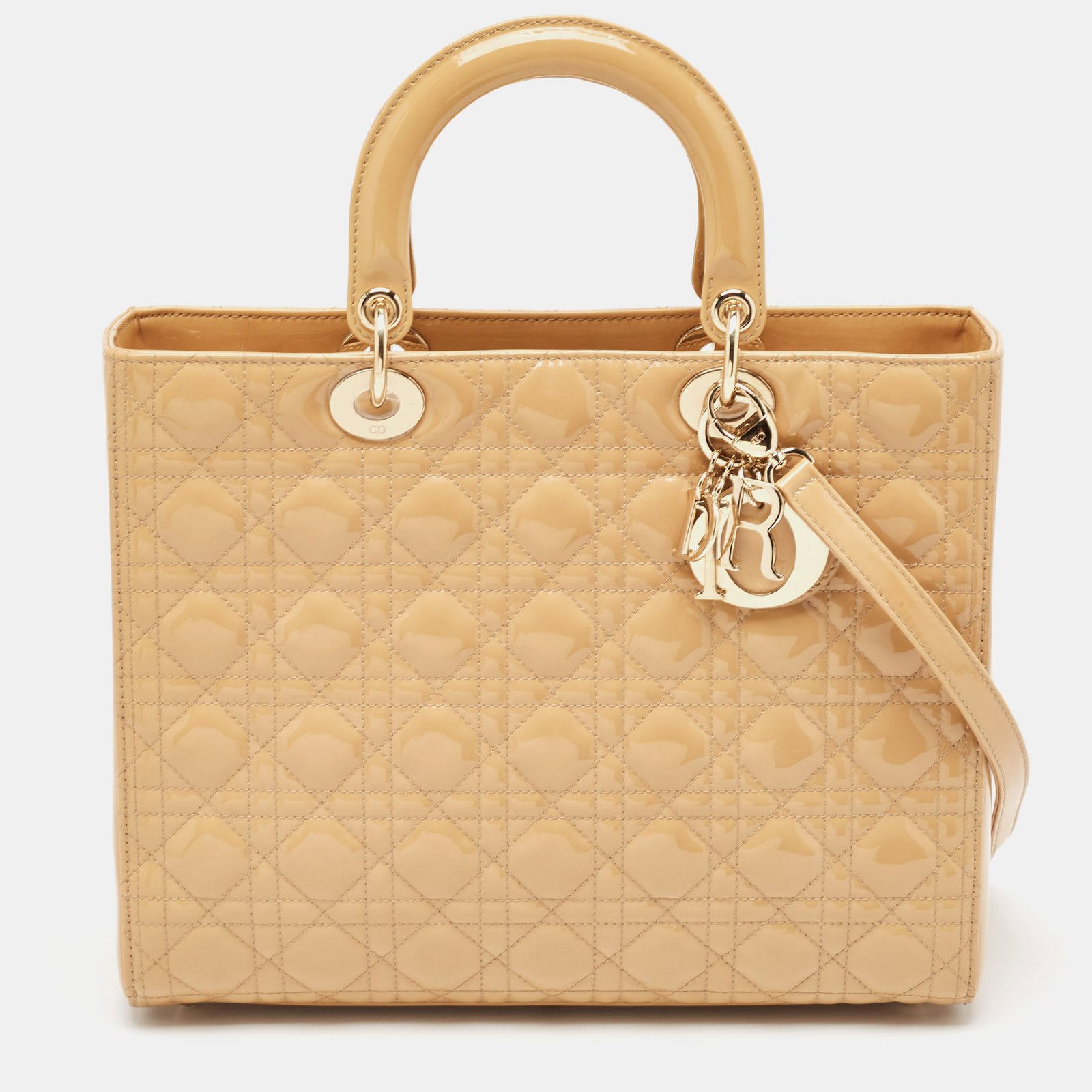 Dior Beige Cannage Patent Leather Large Lady Dior Tote