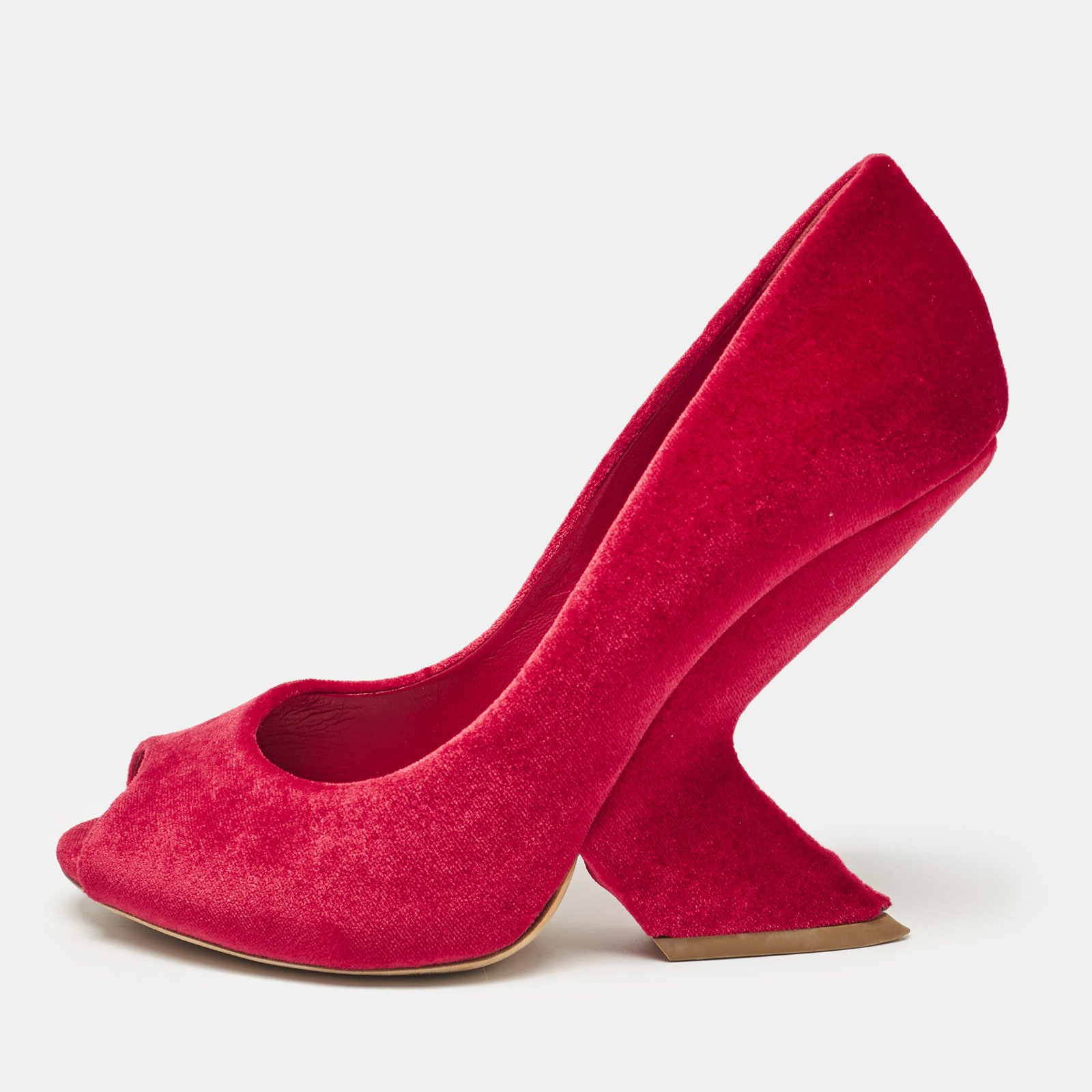 Dior Red Velvet Peep Toe Wedge Pumps Size 38