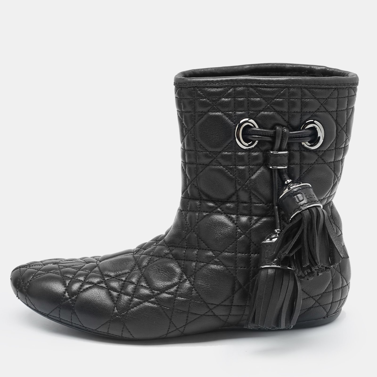 Dior Black Cannage Quilted Leather Tassel Snow Boots Size 38