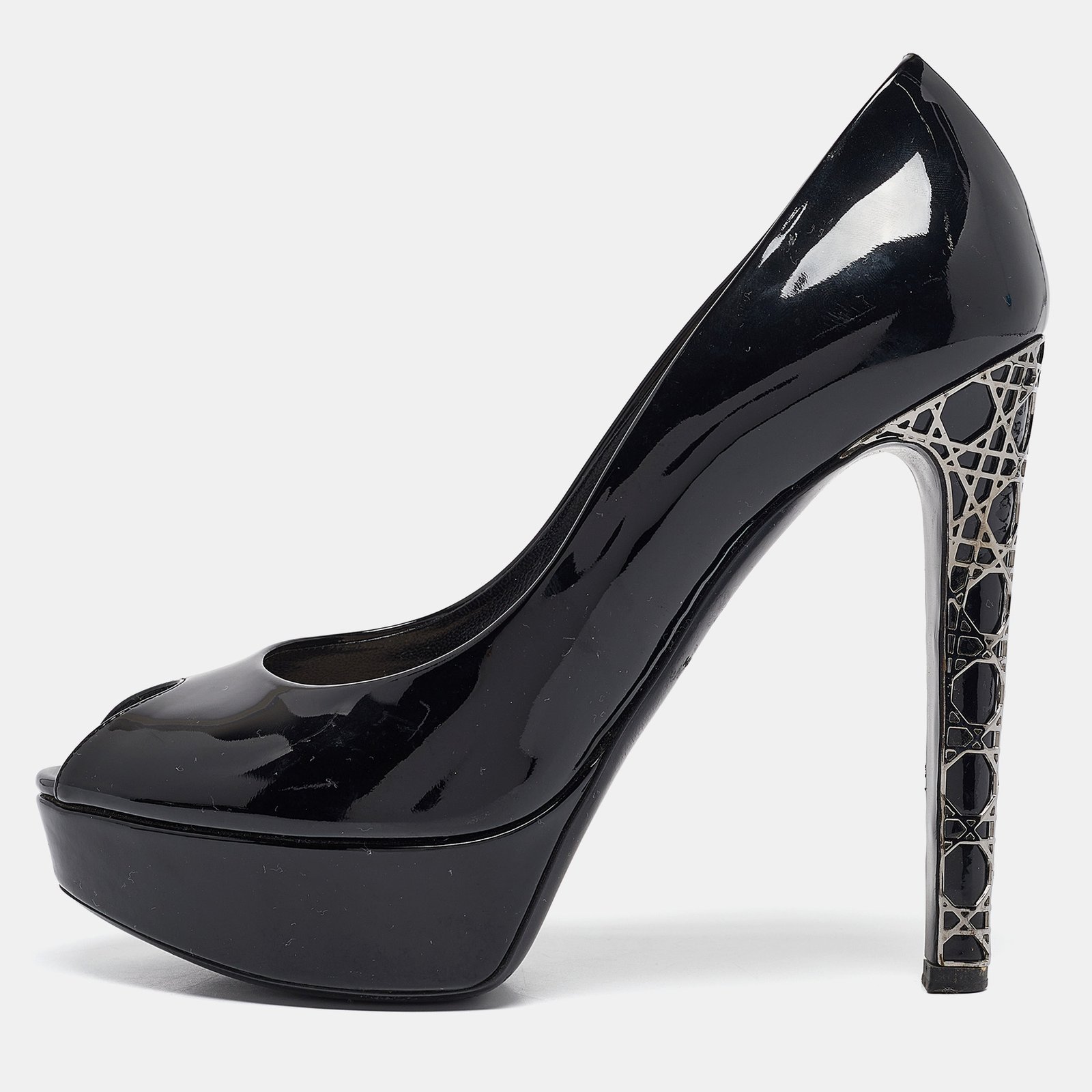 Dior Black Patent Leather Miss Dior Peep Toe Pumps Size 37.5