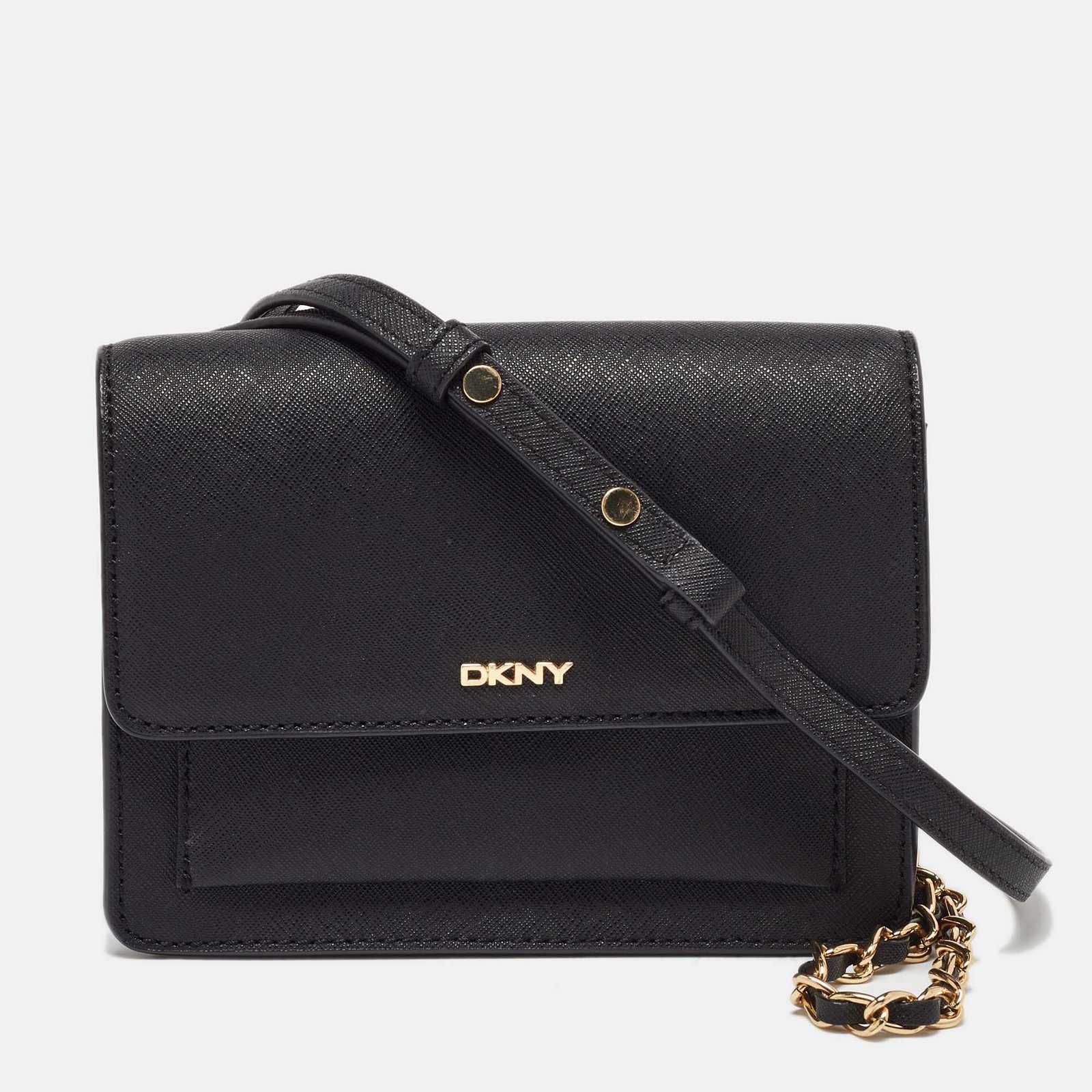 DKNY Black Saffiano Leather Flap Chain Shoulder Bag