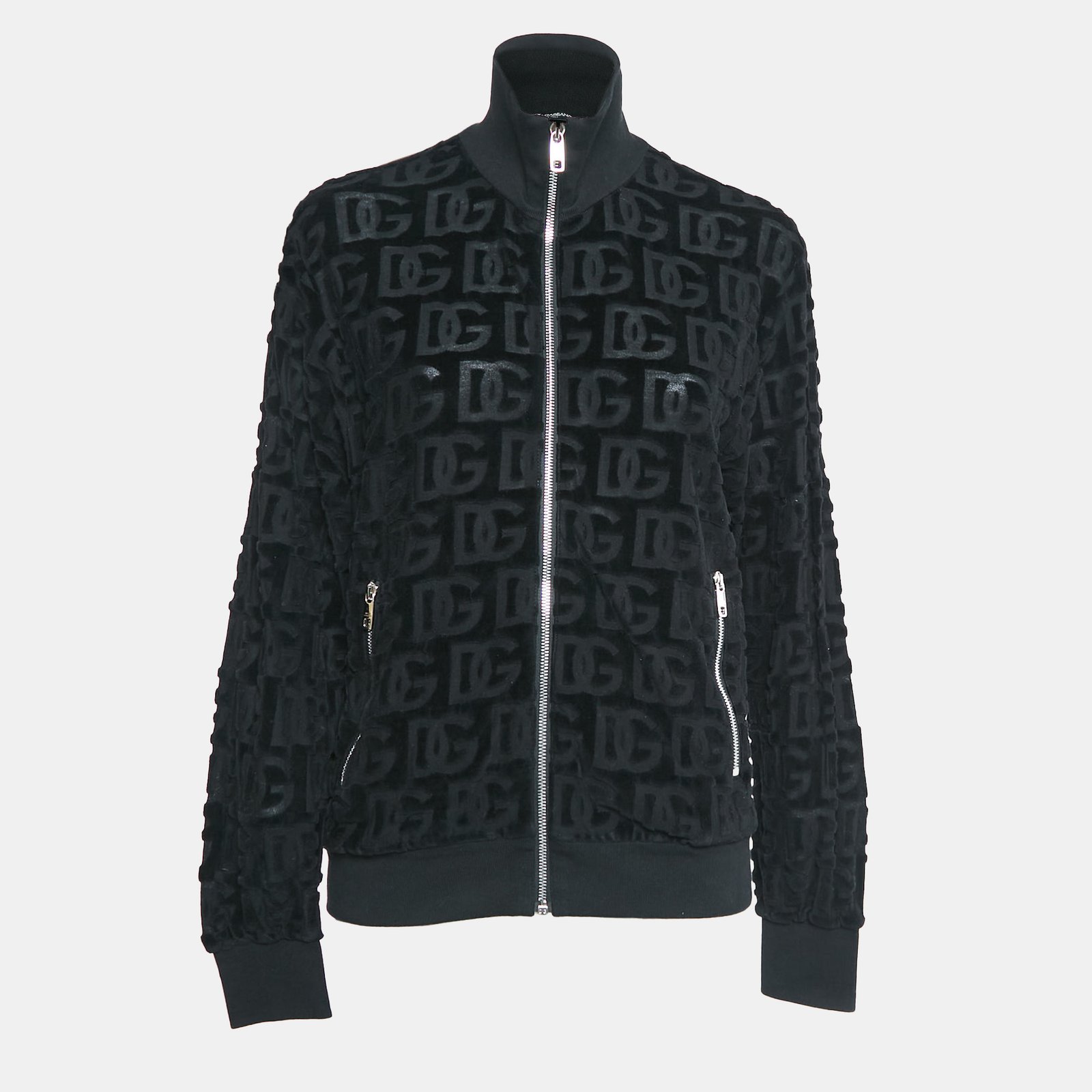 Dolce & Gabbana Black DG Debossed Cotton Knit Bomber Jacket S