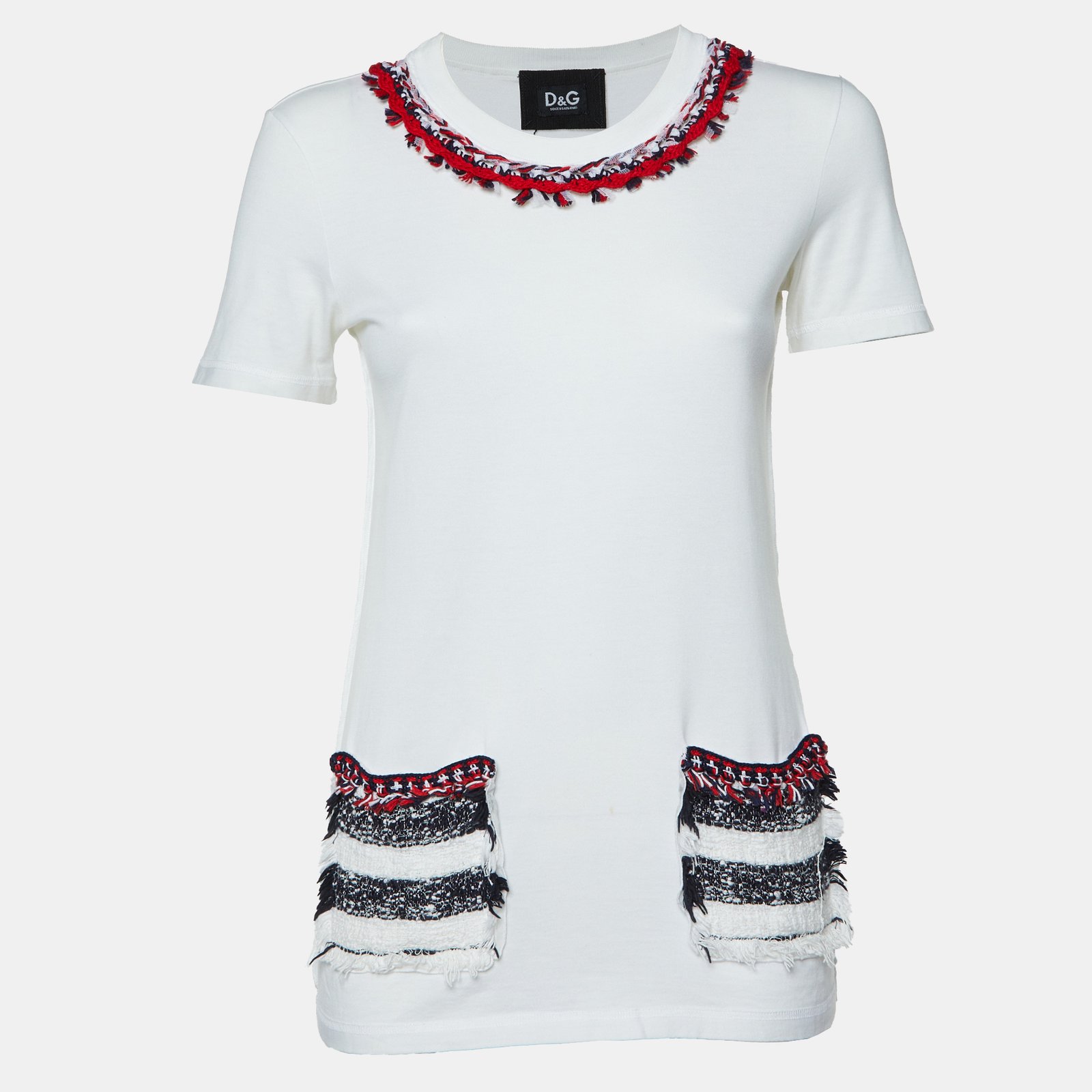 Dolce & Gabbana White Cotton Tweed Trimmed T-Shirt S